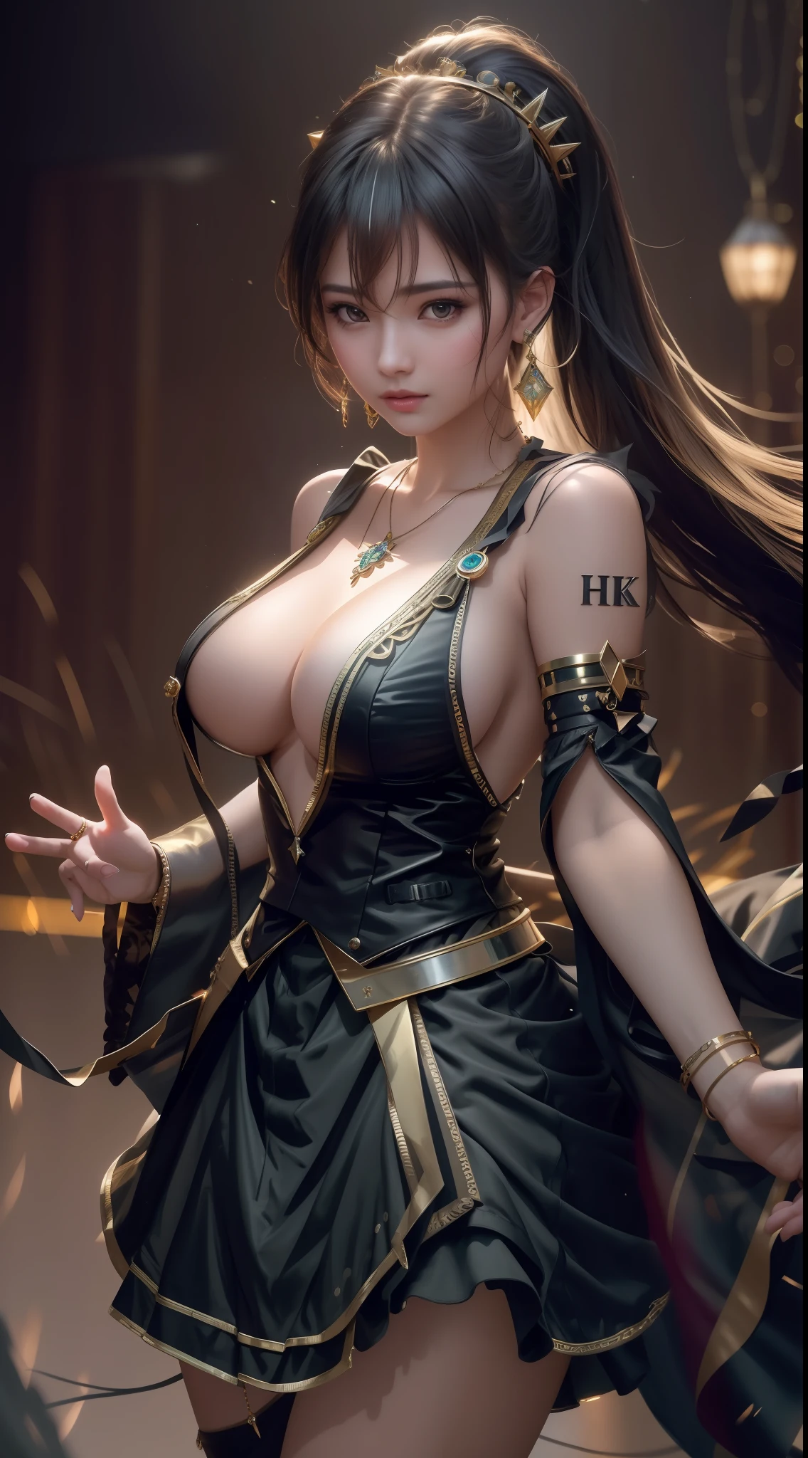 best quality, masterpiece, high_res, 1girl, hair ornament, necklace, jewelry, Beautiful face, upon body, tyndall effect, photo realistic, dark studio, rim lighting, two tone lighting, (high detailed skin:1.2), 8k uhd, dslr, soft lighting, high quality, volumetric lighting, candid, Photograph, high resolution, 4k, 8k, Bokeh, realistic big breasts, open fingers,