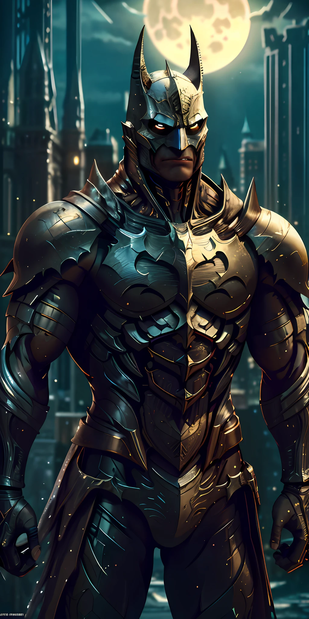 Batman's entire body of the dark knight is imposing in a lost Gothic city, costume with medieval features, Golden armor, Moonlight highlights his muscles and scars. The scenery is lush and mysterious, with futuristic technology and surroundings. The camera details everything, a warrior woman, in front of him.