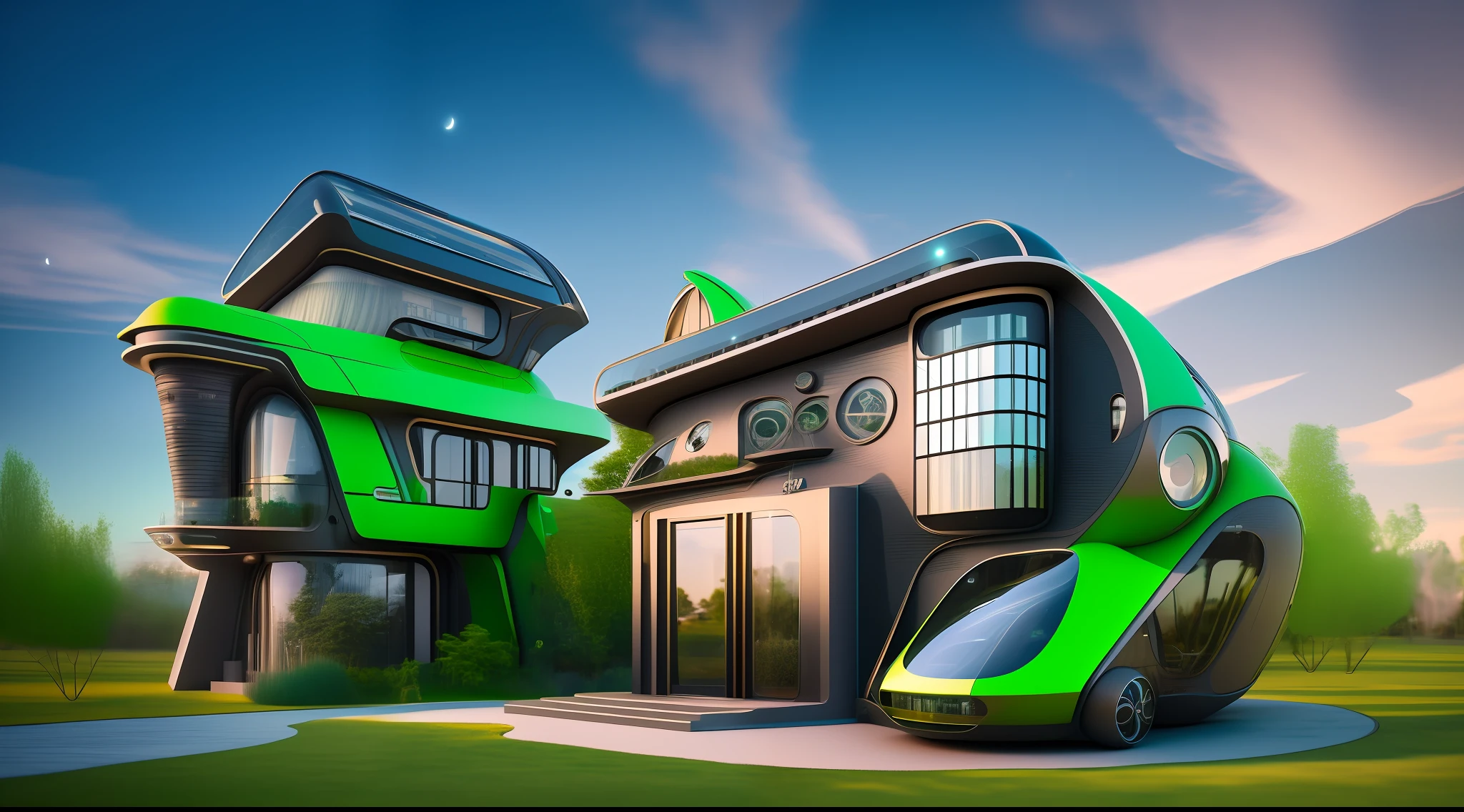 an extremely complex futuristic and advanced steampunk house, a flying vehicle in the garage, sci fi, lots of technology on the walls of the house, Airlock, decoration technology, (Siliconpunk:1) normal small houses next door, green lawn, 2 sun in the sky, 2 moon in the sky, 200mm lens, high quality, high definition, uhd,