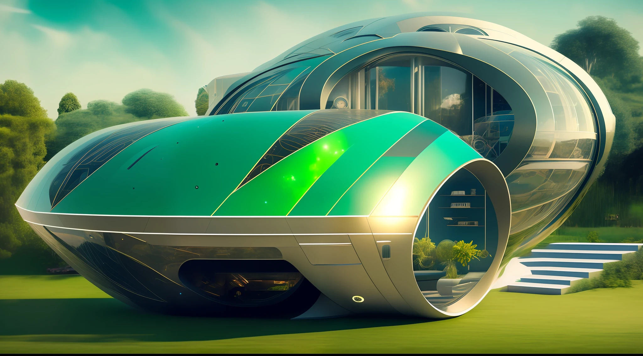 an extremely complex futuristic and advanced steampunk house, a flying vehicle in the garage, sci fi, lots of technology on the walls of the house, Airlock, decoration technology, (Siliconpunk:1) normal small houses next door, green lawn, 2 sun in the sky, 2 moon in the sky, 200mm lens, high quality, high definition, uhd,