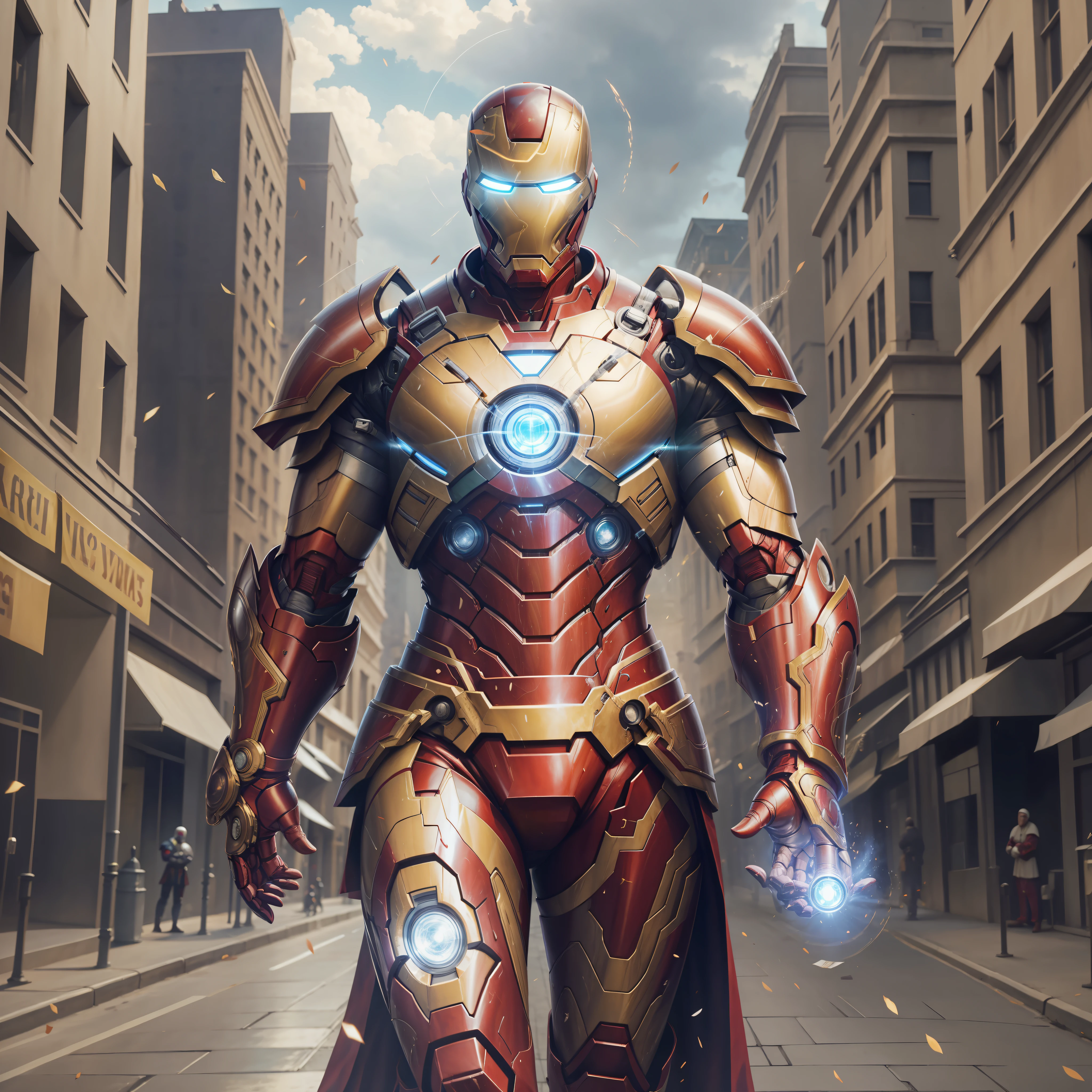 Pope Francis wearing the armor of iron man, avenue, buildings, cinematic light, blessing, realistic photo --auto --s2