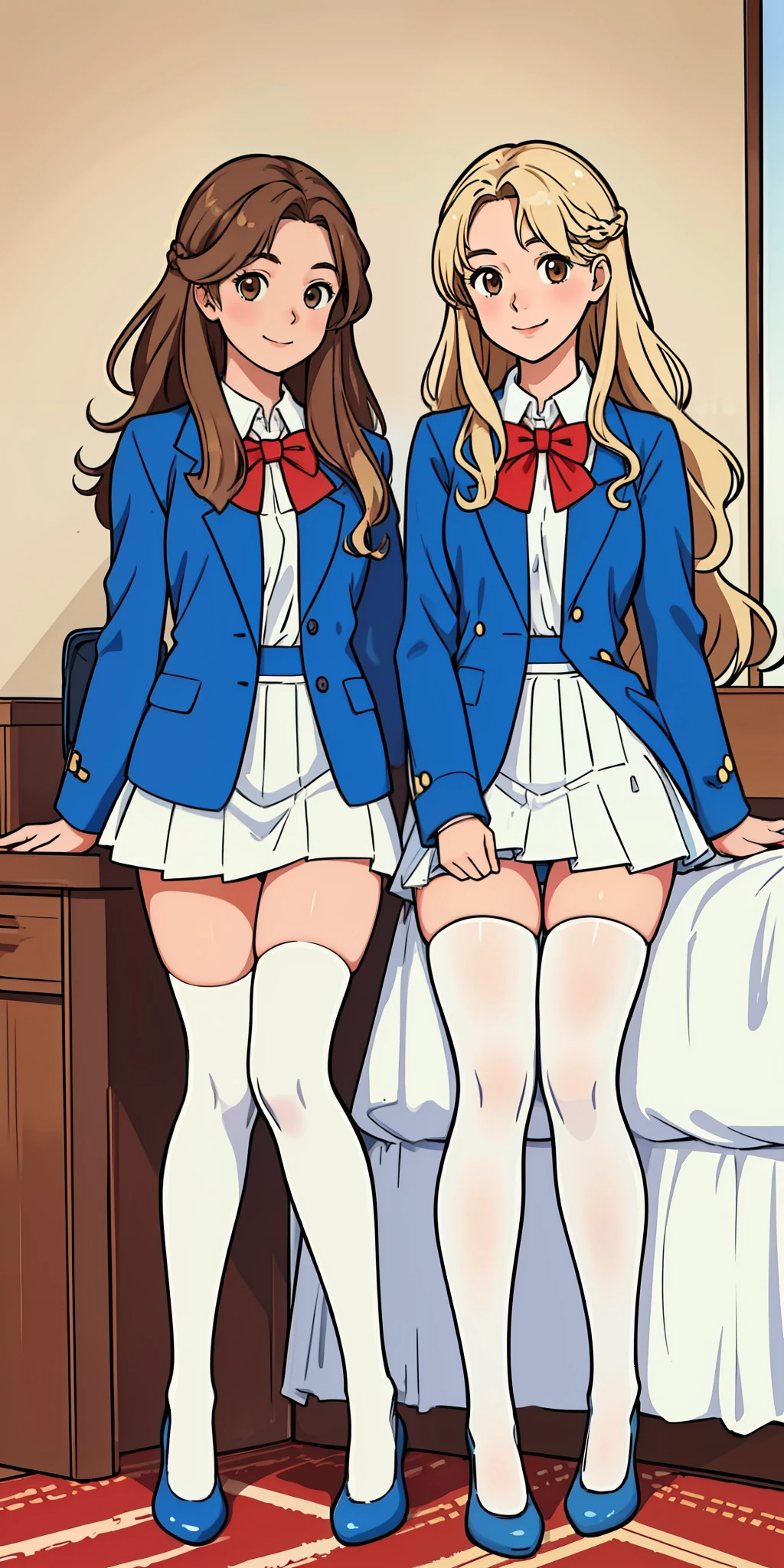 perfect anime illustration,  girls, medium breasts, 2girls, (1 blonde girl, 1 brown haired girl), twin sisters, rich girls, sexy schoolgirls, brown hair, blonde hair, curly hair, long hair, different hair colors, hazel eyes, smiling, white skin, (school uniform, blue blazer, red bowtie, white skirt, white thigh high socks, blue high heels), matching outfits, highres, bedroom, full body