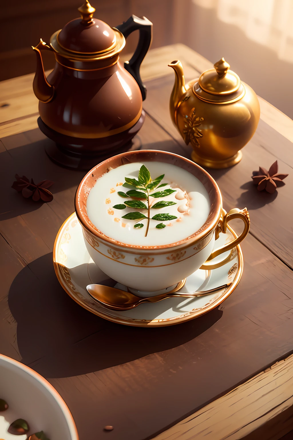 product photography food photography from_above closeup contrast lighting roasted coffee beans mint leaves decorative porcelain cup milk decanter coffee grinder coffee cup rustic wooden tabletop leather bound journal Lighting-Gold dusty (masterpiece:1.2) (photorealistic:1.2) (bokeh) (best quality) (detailed skin) (intricate) (8k) (HDR) (cinematic lighting) (sharp focus) (Clutter-Home:1.2)