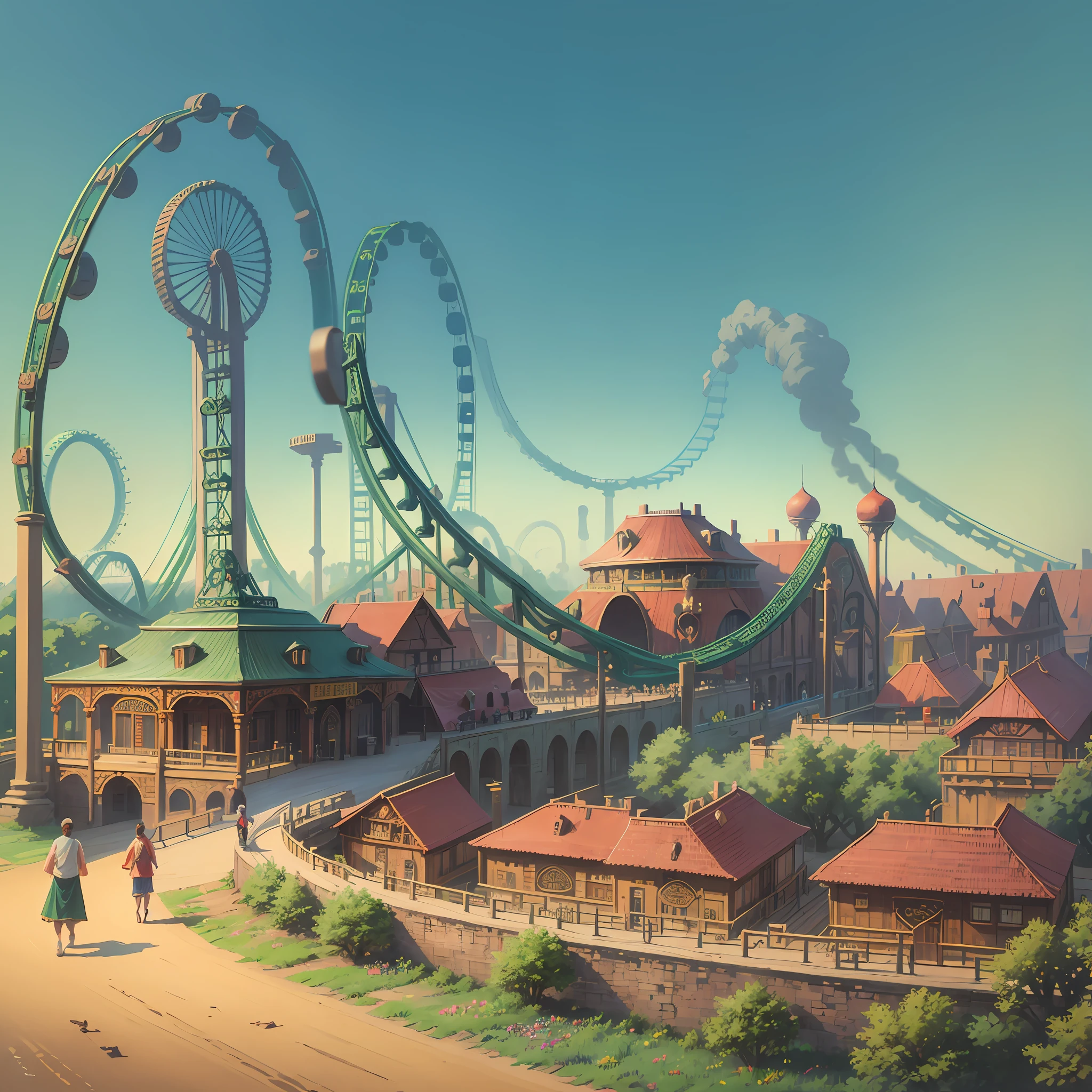 A Silk Road-themed large amusement park, people play in ancient buildings, ride roller coasters and other rides, and there are many Silk Road-style rides in the amusement park --auto --s2