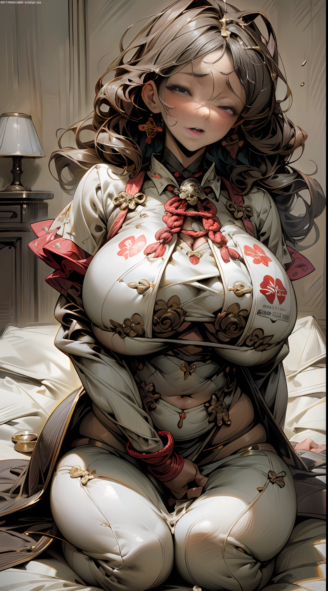 (Best Quality, 8k, 32k, Masterpiece, UHD:1.3), (Photo of Attractive Japanese Woman), 1 Girl, (Huge Boobs:1.8), (short wavy hair), Abs, Perfect Body, Ultra Detailed Face, Detailed Lips, Fine Eyes, double eyelids, pajamas, on the bed, (seductive), ((aroused:1.9)), ((areolae slip))big, highres,lingerie,1girl, 1boy, pov,cum on breasts,(large breats),((dangle earrings)), breast focus, taking a on her face, cum string,, cum on face, cum on tits,, milf, huge breasts