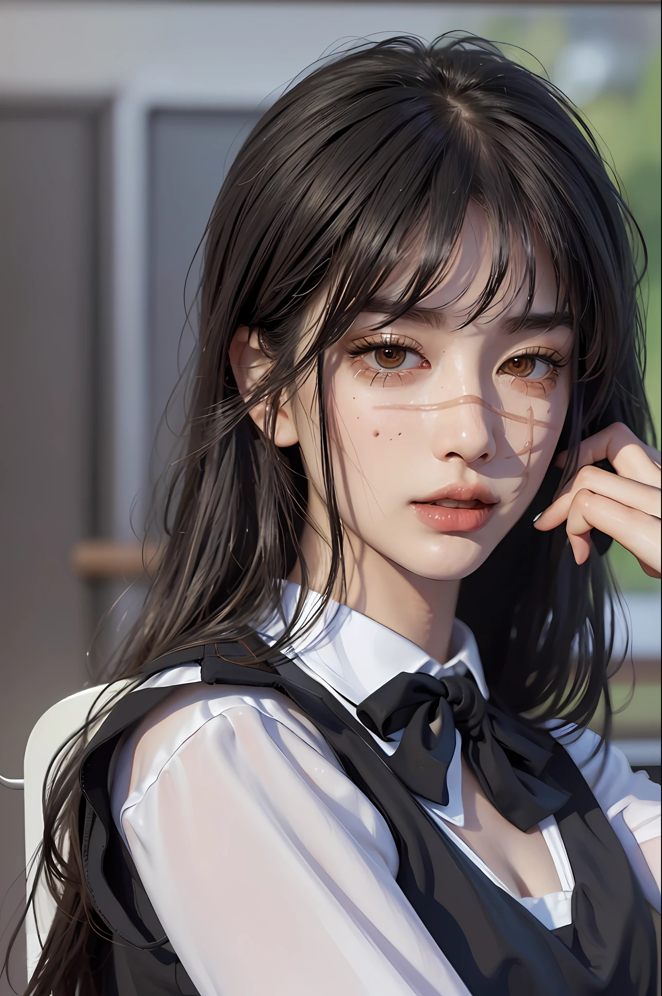 (hyper-realistic), (illustration), (high resolution), (8K), (extremely detailed), (best illustration), Yoru ( Chainsaw Man ), (beautiful detailed eyes), (best quality), (ultra-detailed), (masterpiece), (wallpaper), (detailed face), solo, upper body, focus on face, 1 girl, long black hair, Korean, thin eyeshadow, well-detailed eyes, brown eyes, small moles under the eyes, long sleeve shirt, neck bow, small breasts, pinafore dress, dynamic pose, low lighting, classroom, night, dark
