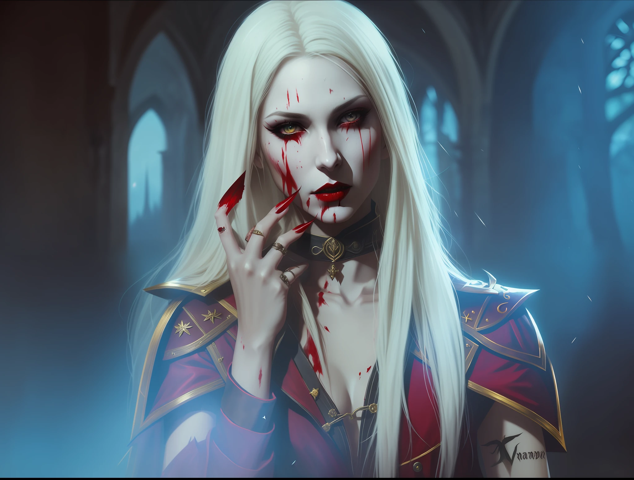 blond woman with blood on her face and hands, inspired by Magali Villeneuve, female vampire warrior, witcher)), vampire of clan lasombra, in style of dark fantasy art, portrait of a female necromancer, deviantart artstation cgscosiety, female vampire, painted in the style arcane, vampire portrait, dark fantasy style art