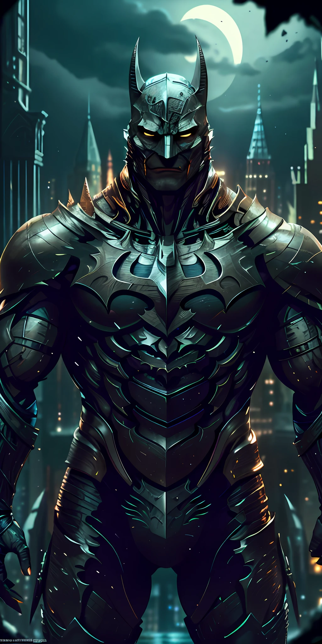 Batman's entire body of the dark knight is imposing in a gothic lost city, imposing pose, menacing posture, costume with medieval features, Golden armor, Moonlight highlights his muscles and scars. The scenery is lush and mysterious,
