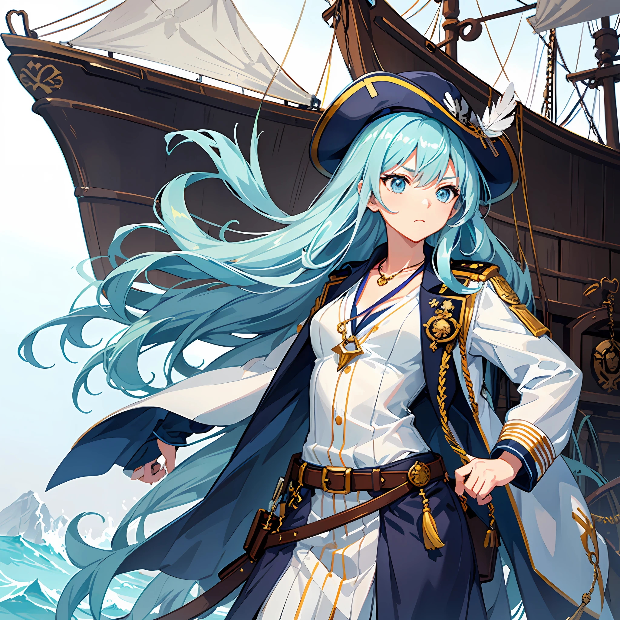 Create a picture of an anime girl with long, wavy light blue hair. She has a tough and adventurous personality, as if she were a ship captain. The clothing she wears depicts the style of a sailing captain or pirate, with distinctive touches and striking details. Perhaps she wears a hat with feathers, a captain's jacket with collar and ropes, and comfortable yet stylish pants. Include accessories such as belt ropes, a necklace, or appropriate jewelry that fits the theme. Her facial expression can reflect bravery and determination. Give her a pose that showcases strength and leadership. Show the spirit of adventure and a free-spirited nature in the picture you create.