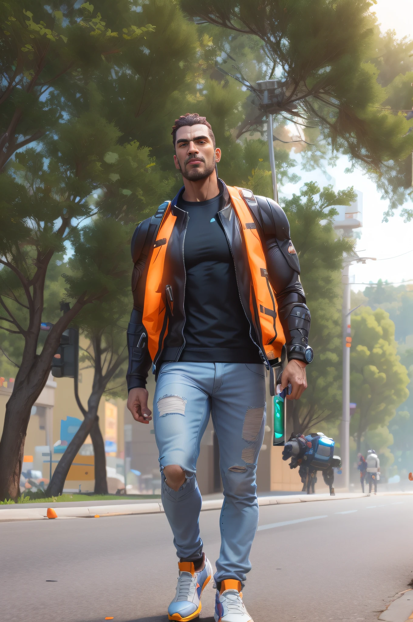 arafed man in a black shirt and orange vest riding a skateboard, unreal engine character art, 3 d render character art 8 k, 3d character realistic, concept art like ernest khalimov, arnold maya render, baptiste from overwatch, muscular! cyberpunk, adventure hyper realistic render, muscular character, inspired by Adrian Zingg, octane. trending on artstation