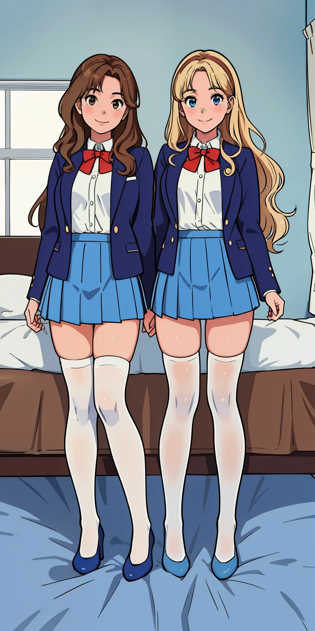 perfect anime illustration, 17 year old girls, medium breasts, 2girls, (1 blonde girl, 1 brown haired girl), twin sisters, rich girls, sexy schoolgirls, brown hair, blonde hair, curly hair, long hair, different hair colors, hazel eyes, smiling, white skin, (school uniform, blue blazer, closed blazer, red bowtie, blue skirt, white thigh high socks, blue high heels), matching outfits, highres, bedroom, full body