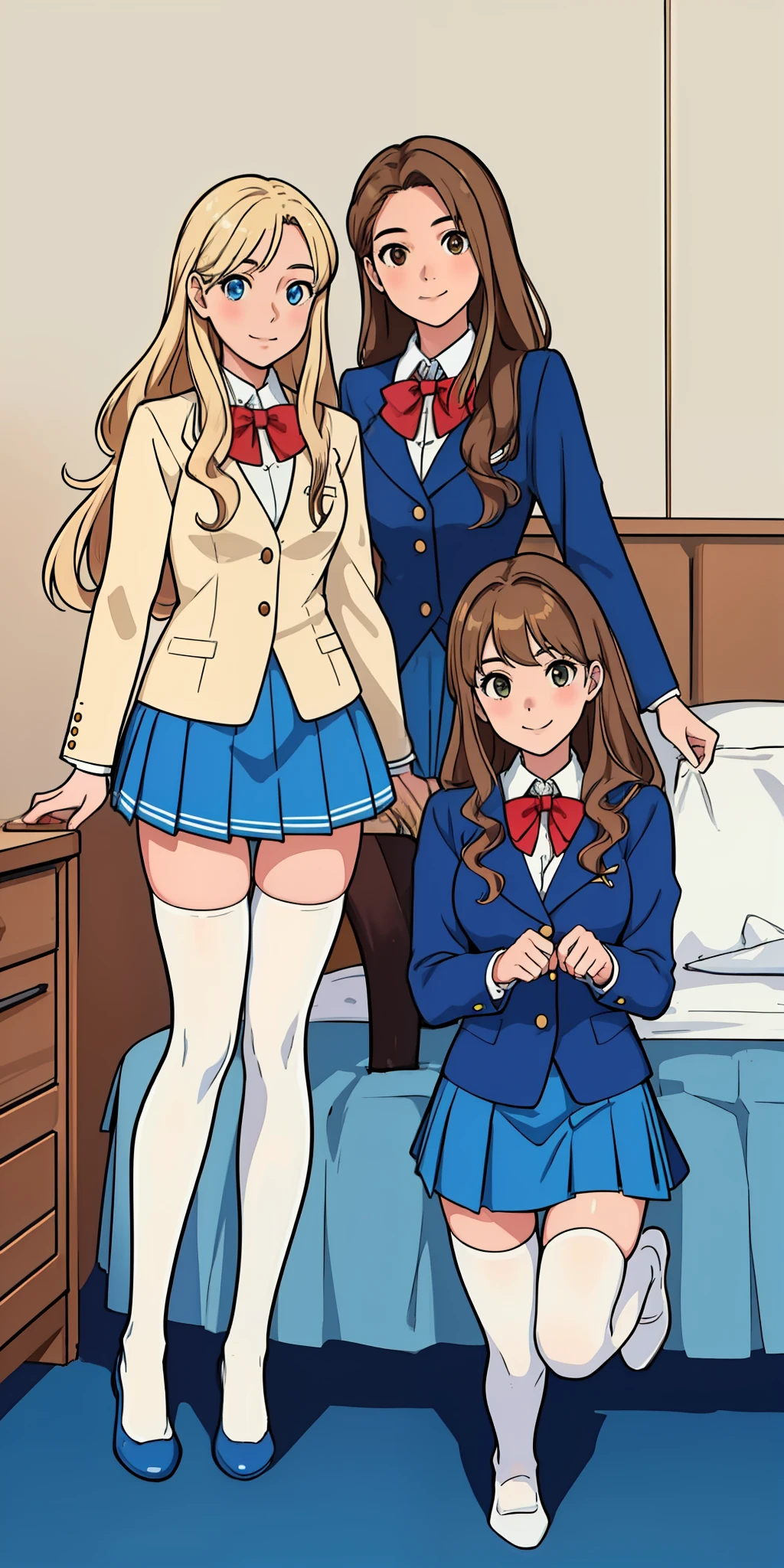 perfect anime illustration, 17 year old girls, medium breasts, 2girls, (1 blonde girl, 1 brown haired girl), twin sisters, rich girls, sexy schoolgirls, brown hair, blonde hair, curly hair, long hair, different hair colors, hazel eyes, smiling, white skin, (school uniform, blue blazer, closed blazer, red bowtie, blue skirt, white thigh high socks, blue high heels), matching outfits, highres, bedroom, full body