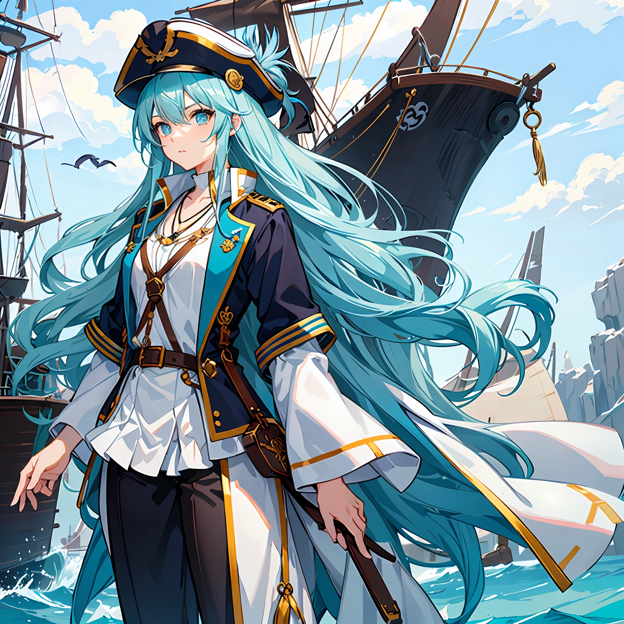 Create a picture of an anime girl with long, wavy light blue hair. She has a tough and adventurous personality, as if she were a ship captain. The clothing she wears depicts the style of a sailing captain or pirate, with distinctive touches and striking details. Perhaps she wears a hat with feathers, a captain's jacket with collar and ropes, and comfortable yet stylish pants. Include accessories such as belt ropes, a necklace, or appropriate jewelry that fits the theme. Her facial expression can reflect bravery and determination. Give her a pose that showcases strength and leadership. Show the spirit of adventure and a free-spirited nature in the picture you create.