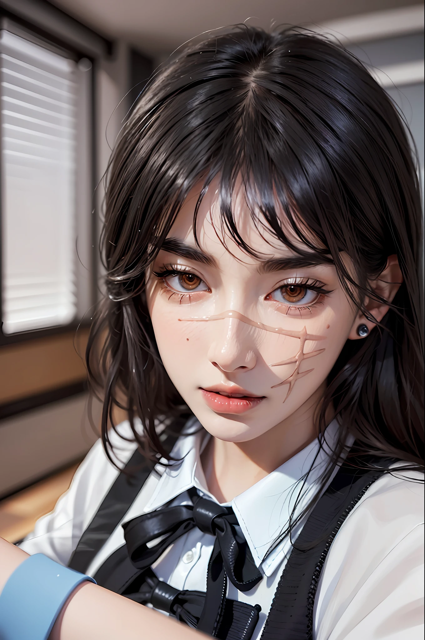 (hyper-realistic), (illustration), (high resolution), (8K), (extremely detailed), (best illustration), Yoru ( Chainsaw Man ), (beautiful detailed eyes), (best quality), (ultra-detailed), (masterpiece), (wallpaper), (detailed face), solo, upper body, focus on face, 1 girl, long black hair, Korean, thin eyeshadow, well-detailed eyes, brown eyes, small moles under the eyes, long sleeve shirt, neck bow,  small breasts, pinafore dress, dynamic pose, low lighting, classroom, night, dark