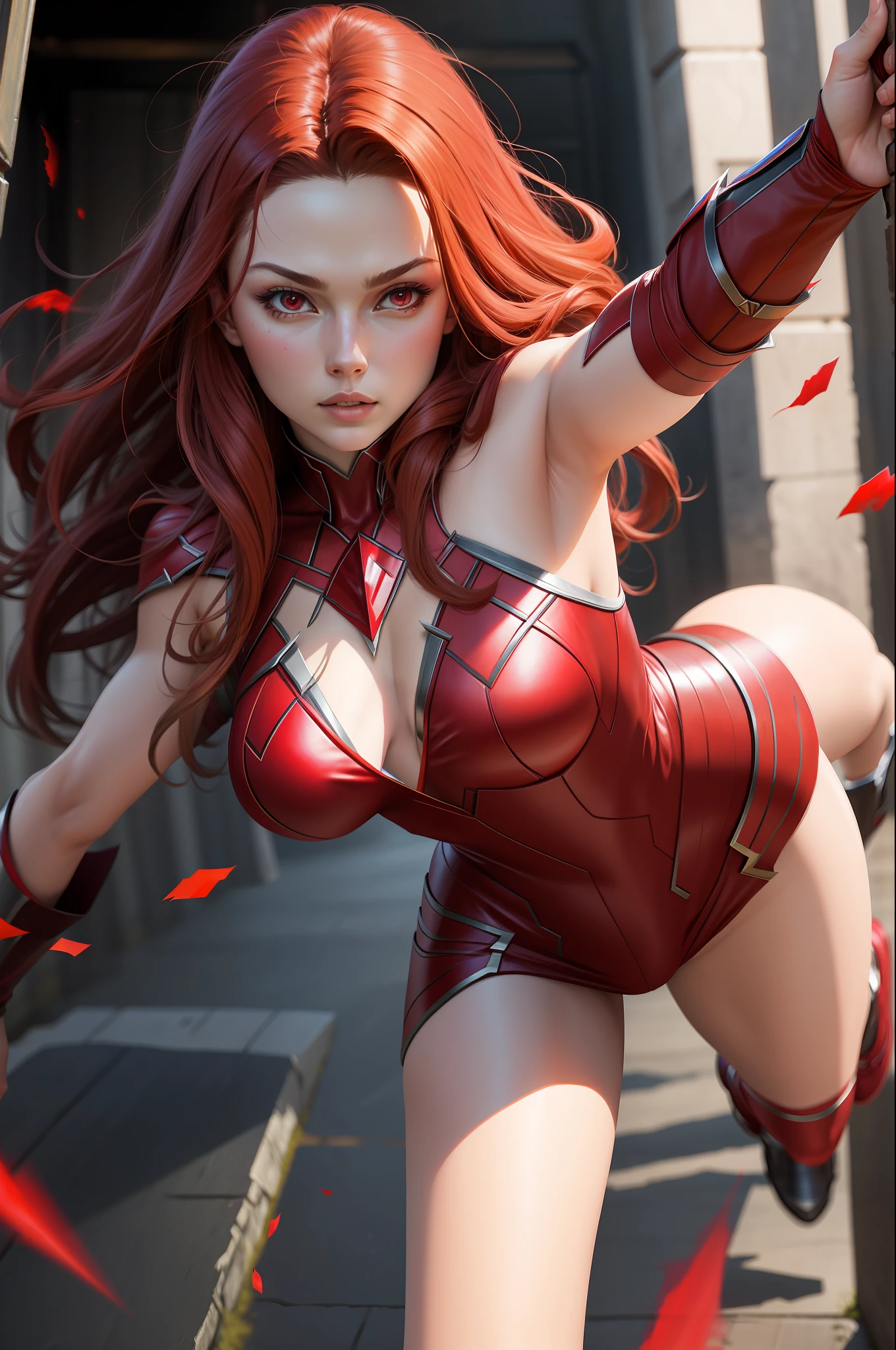 Alone, masterpiece, best quality, half body of the Scarlet Witch, wonder, fighting posture, dynamic angle.