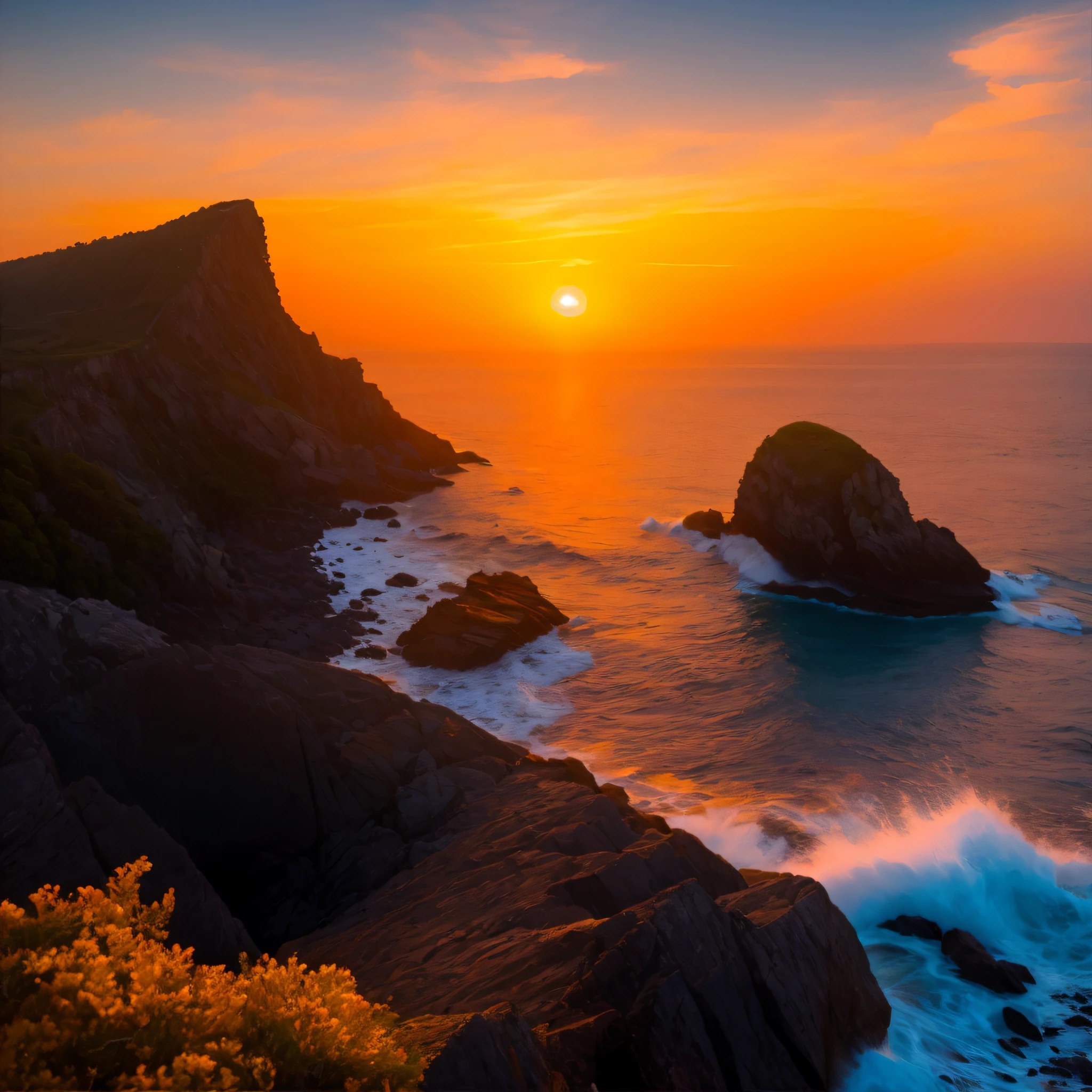 sunset over the ocean with a rocky shoreline and a body of water, cliffside, by Alexander Kucharsky, beautiful sea landscapes, sunset glow, sunset light, breathtaking landscape, nice sunset, stunning sunset, vibrant setting, mystical setting, the most beautiful sunset, sun set, by Bernardino Mei, sunrise light, breath taking, by Etienne Delessert, beautiful sunset