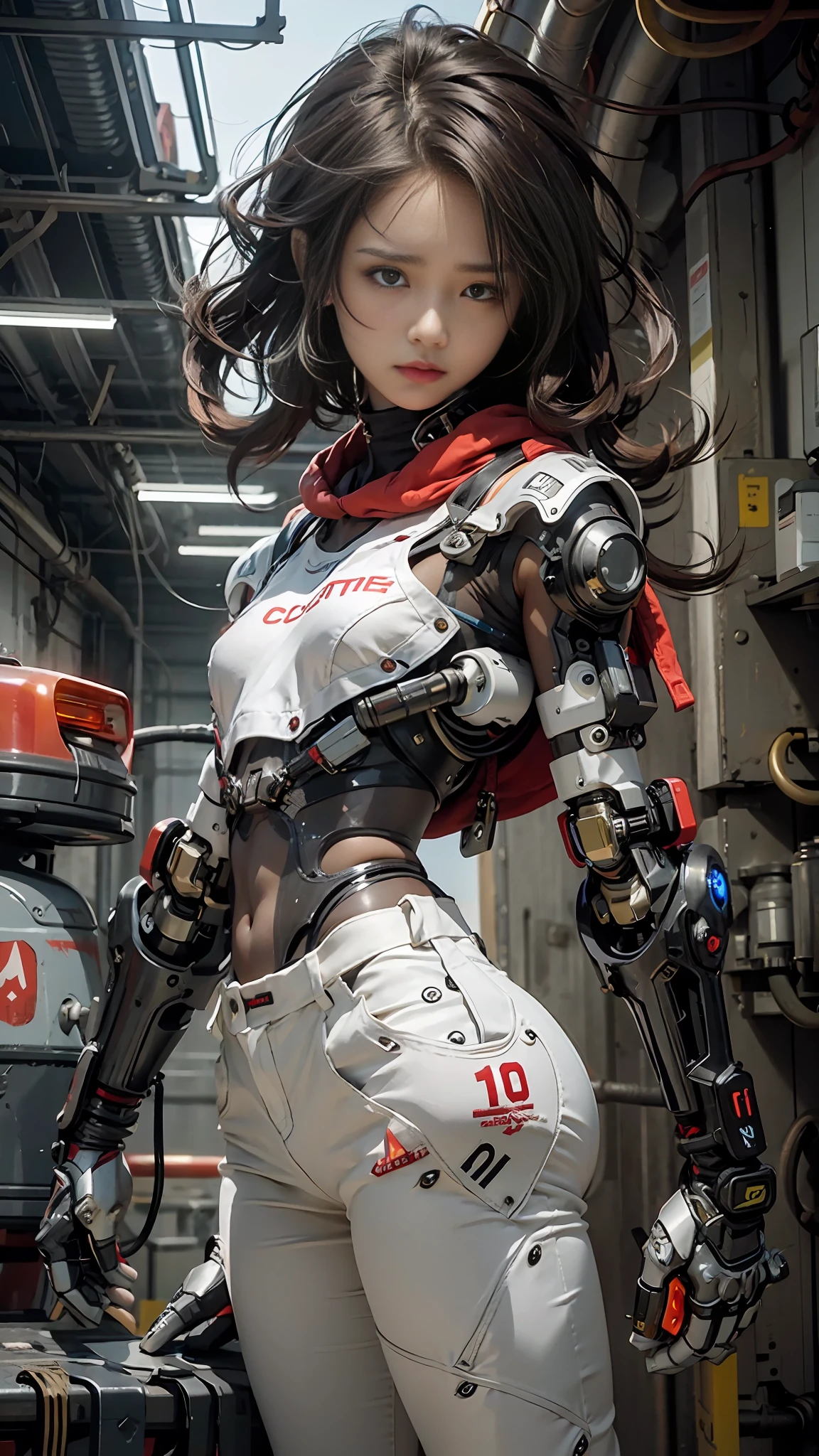 Beautiful cybernetic girl looking at camera underwear detailed muscles realistic masterpiece