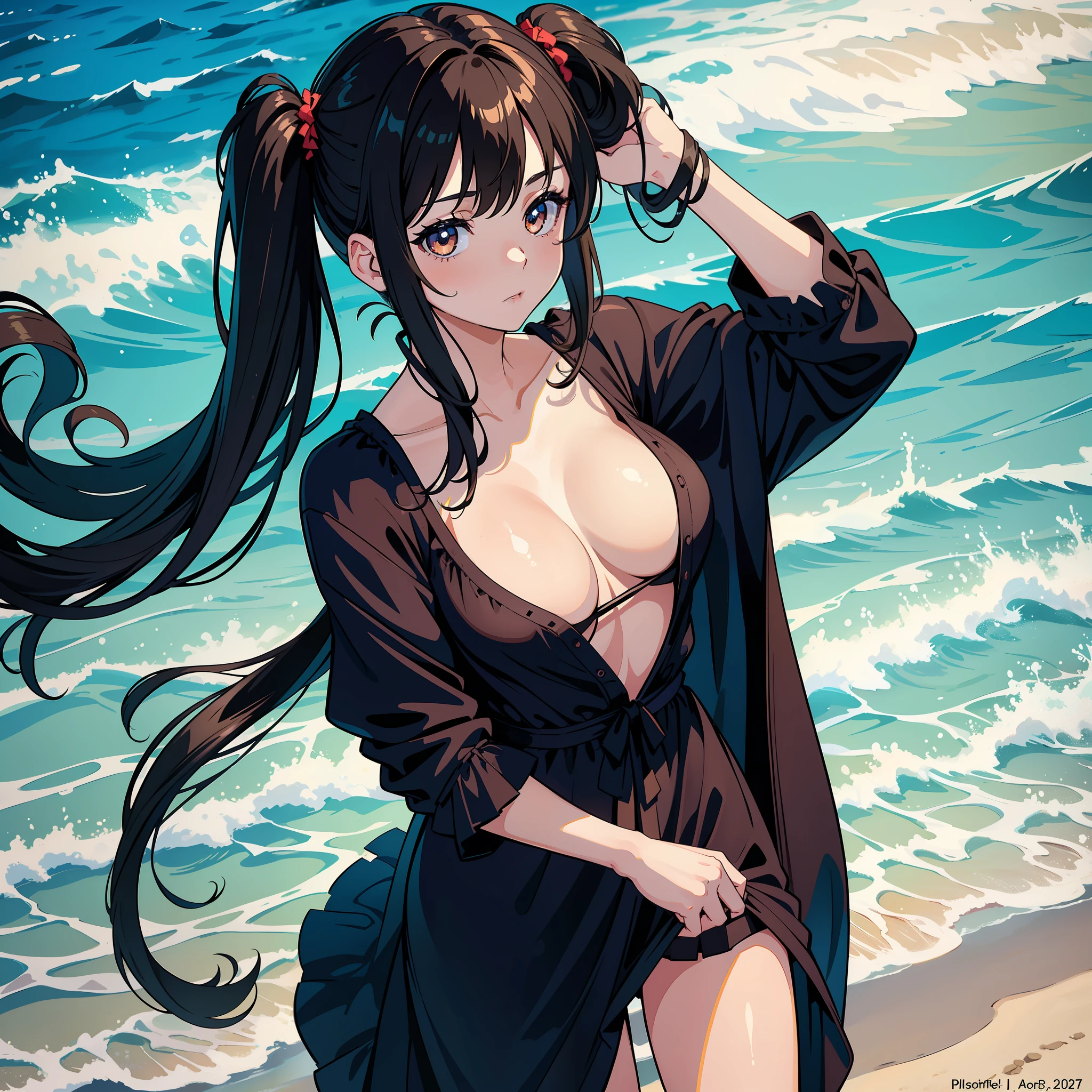 (masterpiece: 1.2, best quality), (finely detailed beautiful eyes: 1.2), a girl with twintail, brown eyes, with an open black nightgown in front and no bra, beach, water, large breasts, age 20, black hair,