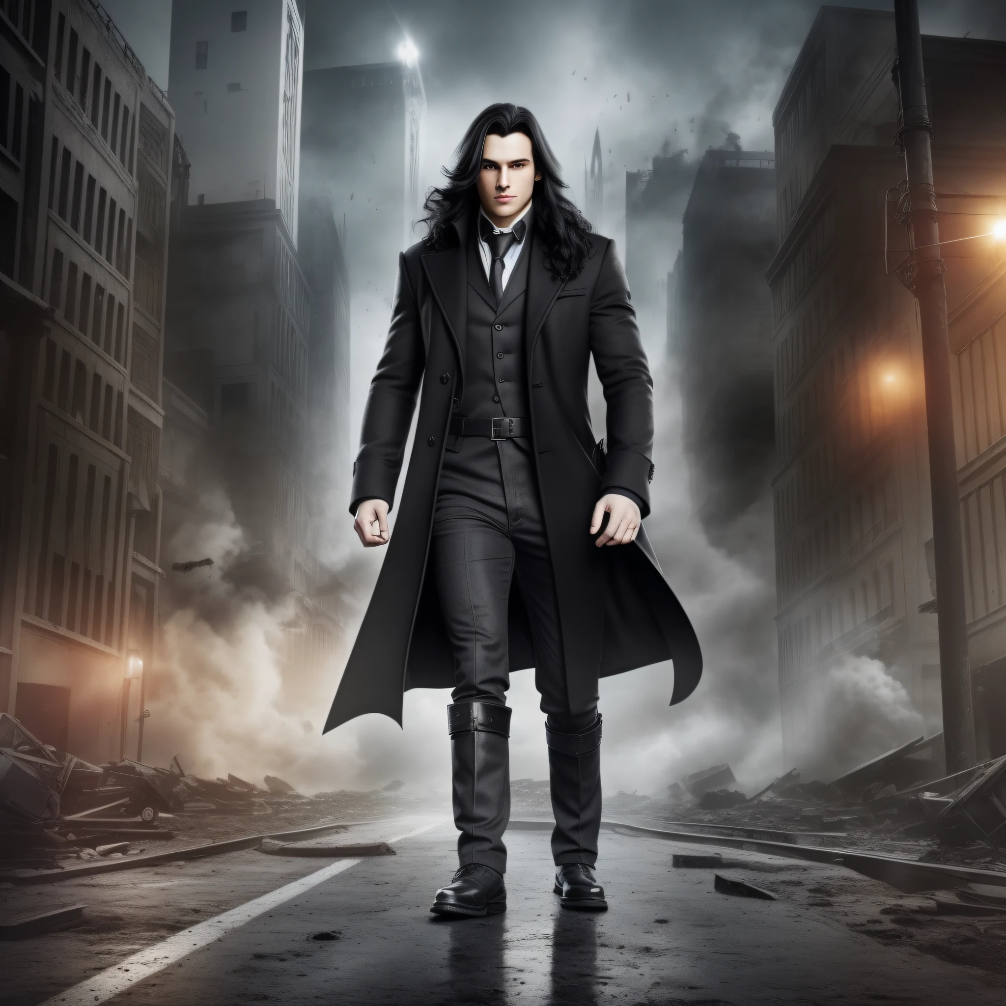 20-year-old man long black hair with black overcoat on an apocalyptic background --auto --s2