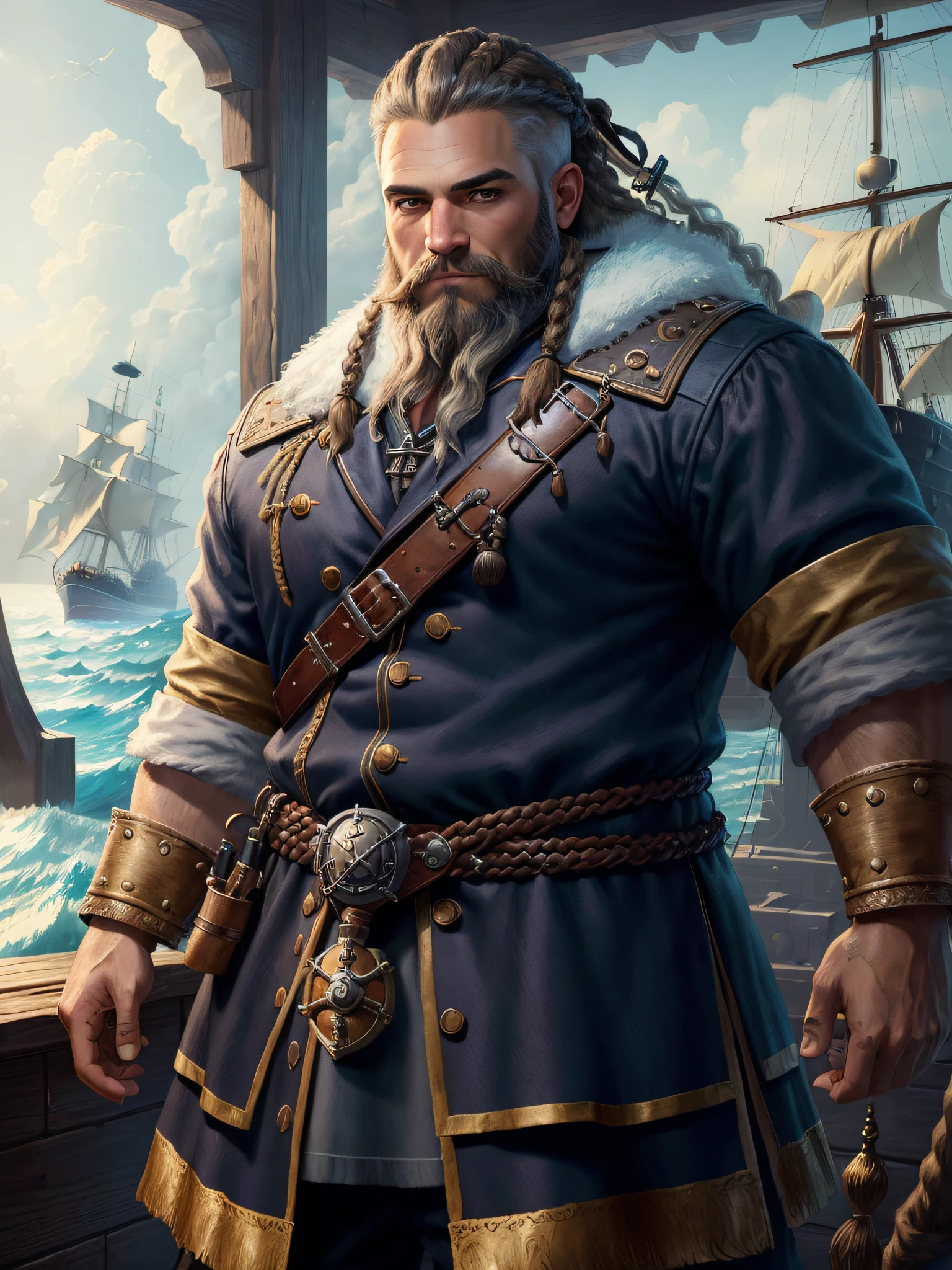 (highly detailed RAW color photo, masterpiece, ultra detailed), (pirate fantasy theme: 1.3), (full body:0.6), solo, 1 male dwarf warrior, mature, robust, fat, short gray brown hair, gray brown braided long beard, brown eyes, (detailed eyes and detailed face), looking at the viewer, wearing a navy blue sailor uniform with golden details, ship in the background, inside the ship, on board the ship, (photography, soft details, octane, artstation trending, ultra high detail, ultra realistic, cinematic, 16k, digital artwork, artwork inspired by Dungeon and Dragons), standing on the docks in a (crowd of sailors:1.1) leather and fur winter cold weather working beautiful cloudy sky bright morning light (foggy:1.1) (raining:1.1), (masterpiece:1.2) (illustration:1.1) (best quality:1.2) (detailed) (intricate) (8k) (HDR) (wallpaper) (cinematic lighting) (sharp focus)