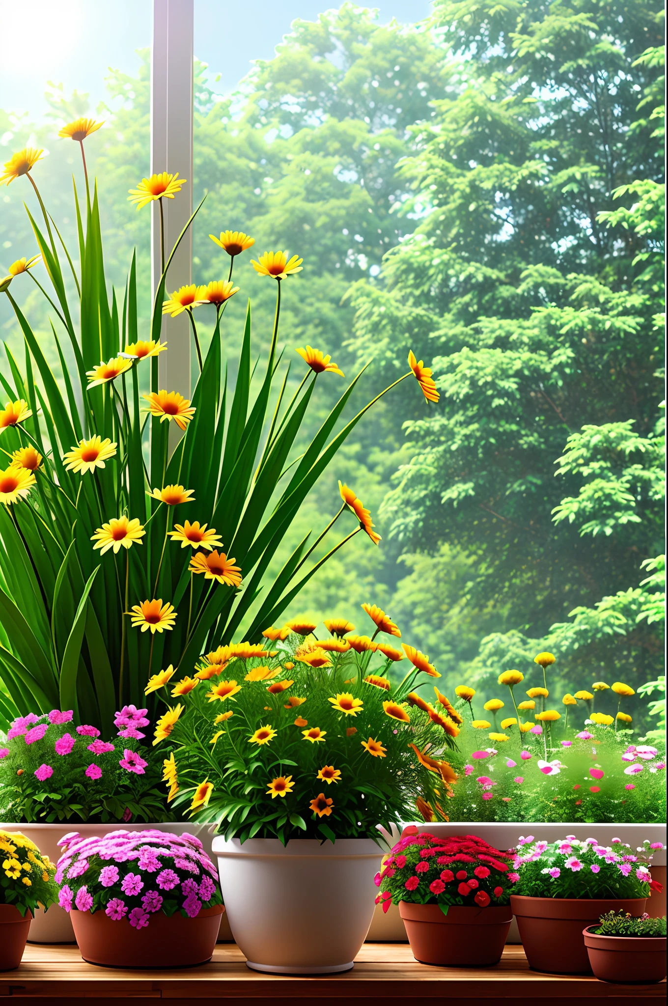 clay flower pot, colorful daisies, window side, sunlight coming in, background blank, lots of detail, high quality, 8k,