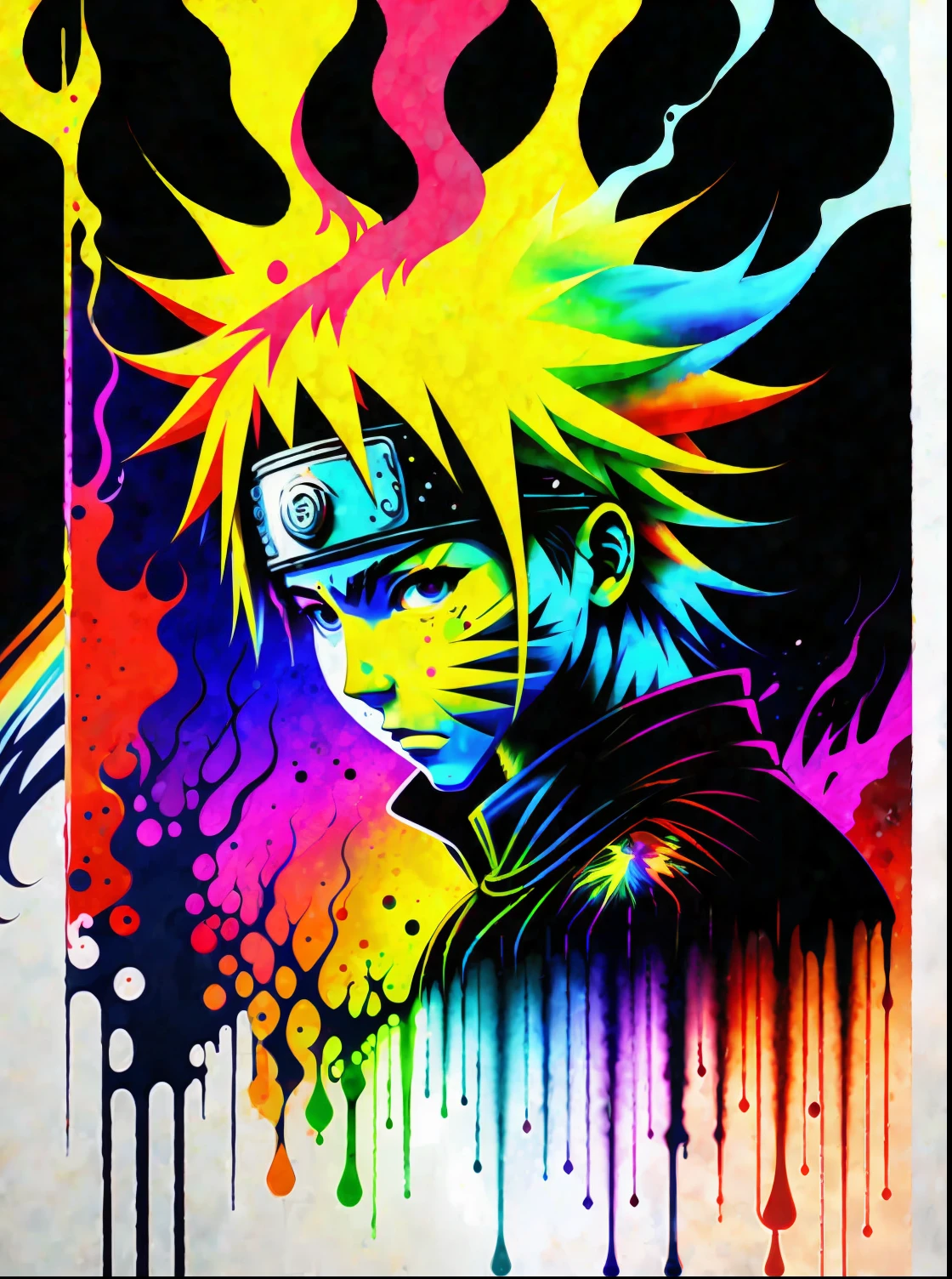 a colorful painting of naruto on a black background, rainbow fusion color scheme, life, avatar image, molten face, transparent background, art life, a colorful retouching, stunning rendering, life and life, Melting face