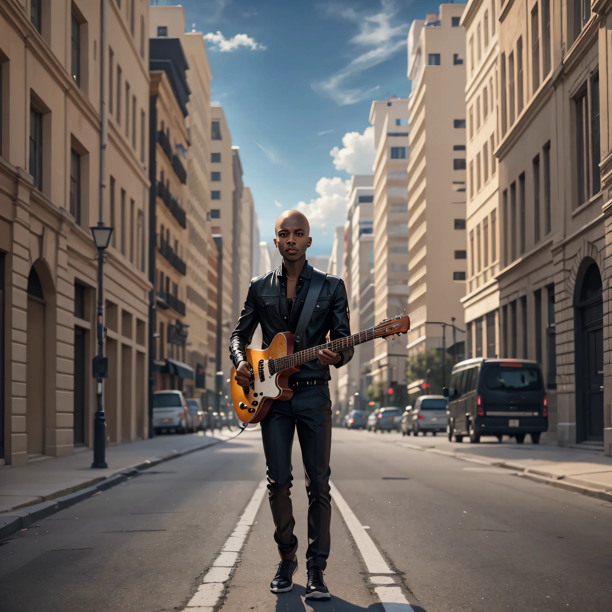 Young black man, bald, thin dressed in black with a guitar in hand standing in the middle of an avenue full of buildings, ultra realistic image 8k, 4000x4000 --auto --s2