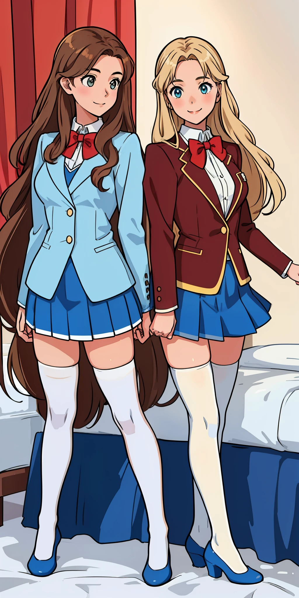 perfect anime illustration, 17 year old girls, medium breasts, 2girls, (1 blonde girl, 1 brown haired girl), twin sisters, rich girls, sexy schoolgirls, brown hair, blonde hair, curly hair, long hair, different hair colors, hazel eyes, smiling, white skin, (school uniform, blue blazer, closed blazer, red bowtie, blue skirt, white thigh high socks, blue high heels), matching outfits, highres, bedroom, full body