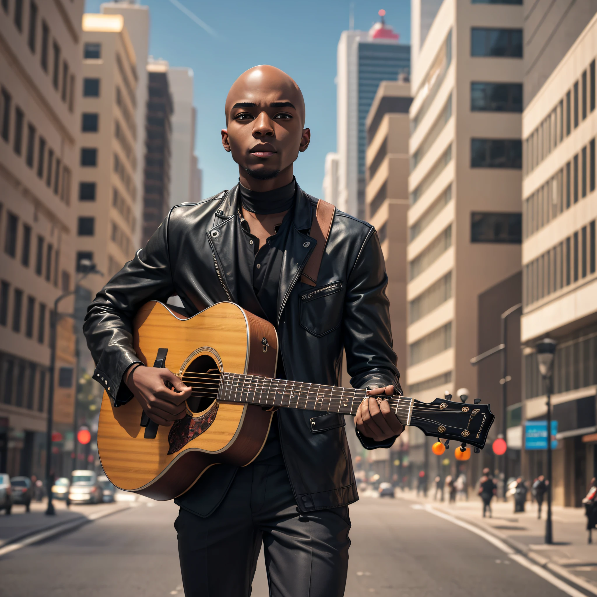 Young black man, bald, thin dressed in black with a guitar in hand standing in the middle of an avenue full of buildings, ultra realistic image 8k, 4000x4000 --auto --s2