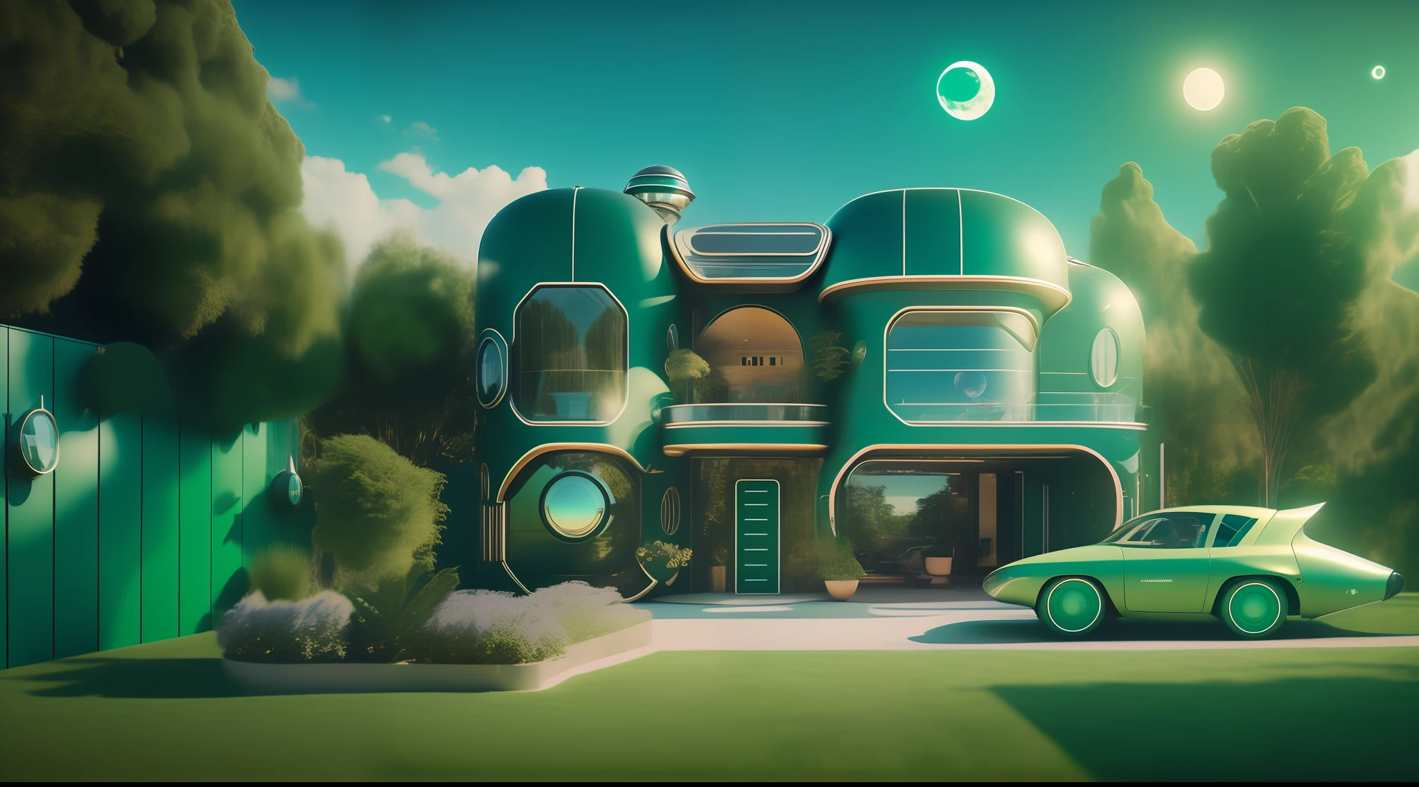 an extremely complex futuristic and advanced steampunk house, a flying vehicle in the garage, sci fi, lots of technology on the walls of the house, Airlock, decoration technology, (Siliconpunk:1) normal small houses next door, green lawn, 2 sun in the sky, 2 moon in the sky, 200mm lens, high quality, high definition, uhd,