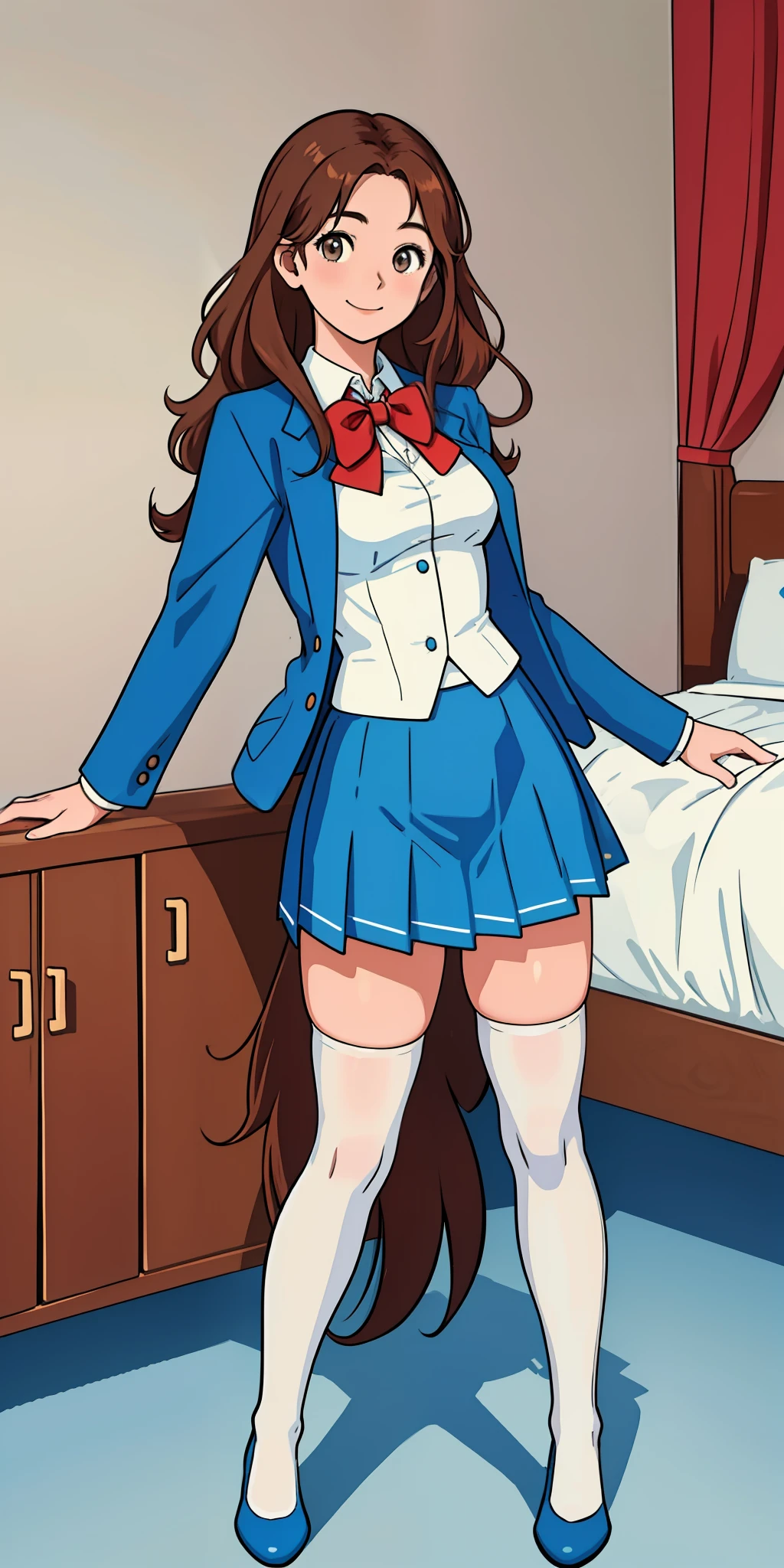 perfect anime illustration, 17 year old girls, medium breasts, 2girls, twin sisters, rich girls, sexy schoolgirls, brown hair, curly hair, long hair, different hair colors, hazel eyes, smiling, white skin, (school uniform, blue blazer, closed blazer, red bowtie, blue skirt, white thigh high socks, blue high heels), matching outfits, highres, bedroom, full body