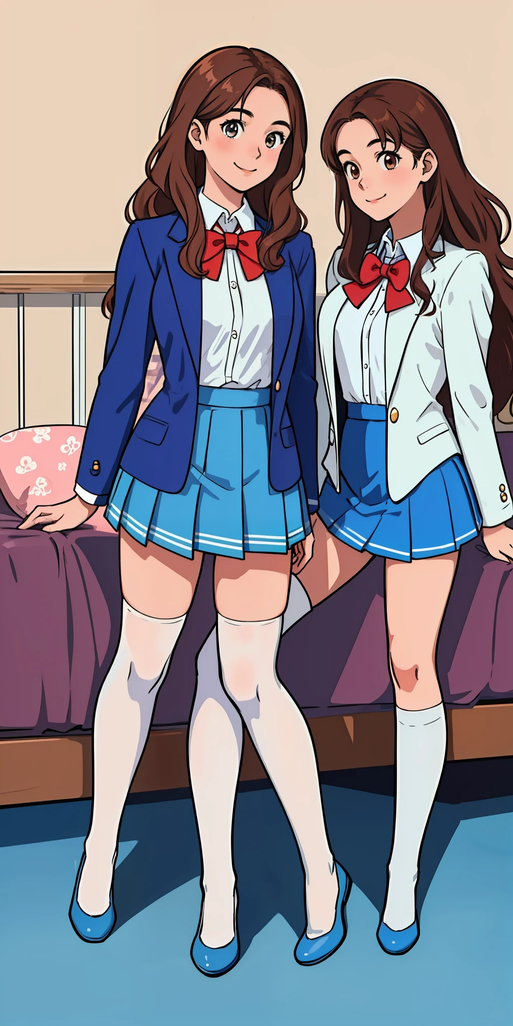perfect anime illustration, 17 year old girls, medium breasts, 2girls, twin sisters, rich girls, sexy schoolgirls, brown hair, curly hair, long hair, different hair colors, hazel eyes, smiling, white skin, (school uniform, blue blazer, closed blazer, red bowtie, blue skirt, white thigh high socks, blue high heels), matching outfits, highres, bedroom, full body