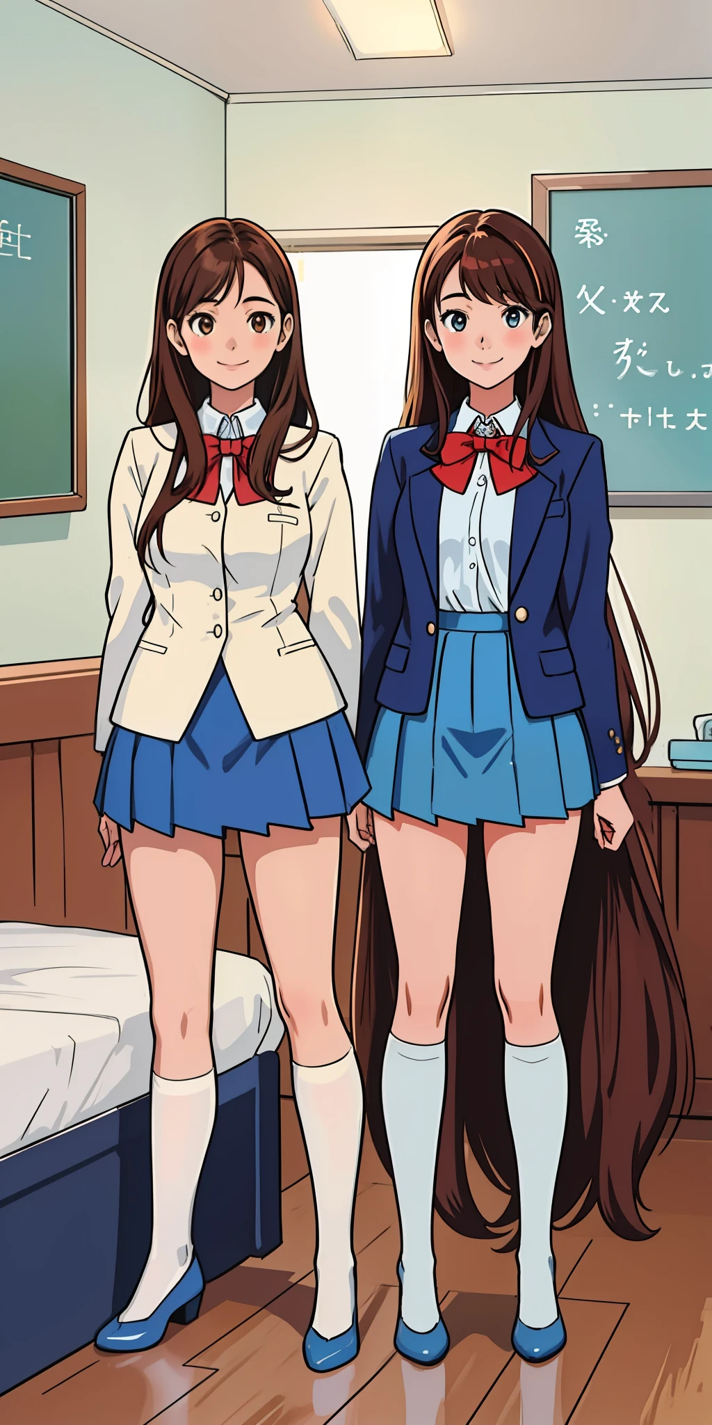 perfect anime illustration, 17 year old girls, medium breasts, 2girls, twin sisters, rich girls, sexy schoolgirls, brown hair, curly hair, long hair, different hair colors, hazel eyes, smiling, white skin, (school uniform, blue blazer, closed blazer, red bowtie, blue skirt, white thigh high socks, blue high heels), matching outfits, highres, bedroom, full body