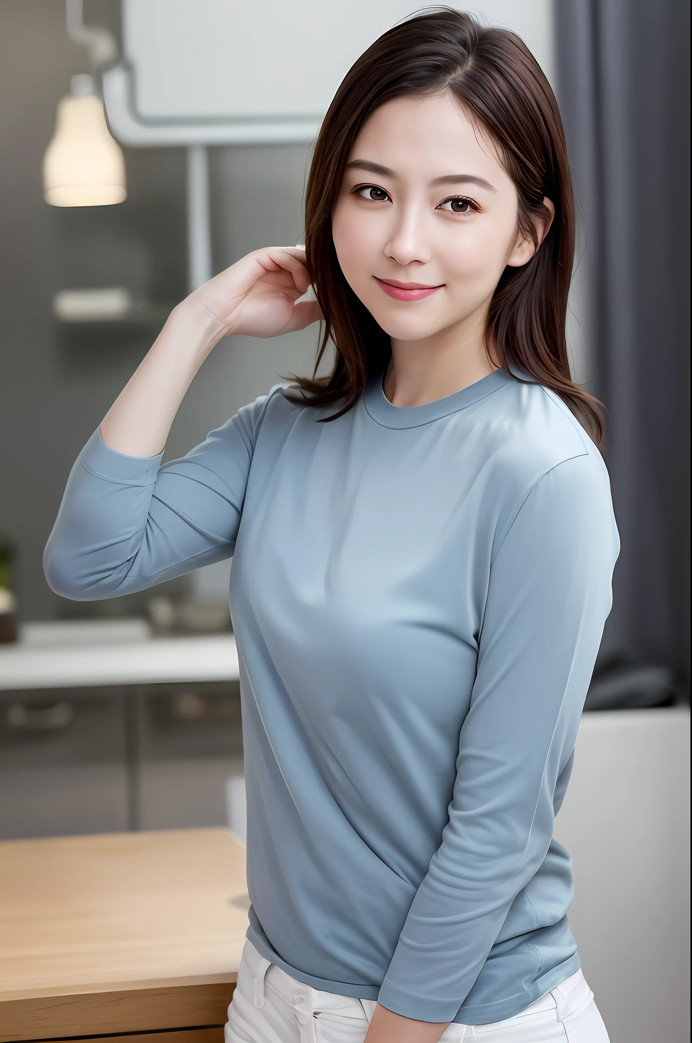 dressed, (photorealistic: 1.4), (hyperrealistic: 1.4), (realistic: 1.3), (smooth lighting: 1.05), (cinematic lighting quality improvement: 0.9), 32K, 1 girl, 20 year old girl, realistic lighting, backlit, face lights, ray tracing, (whitening light: 1.2), (image quality improvement: 1.4), ( Best Image Quality Real Skin: 1.4), Fine Eyes, Fine Face, Fine Eyes, (Joy, Blush), (Tired, Sleepy and Satisfied: 0.0), Face Up, T-Shirt, (Body Line Mood Increase: 1.1), Mature (Skin Texture Beauty Increase: 1.1)