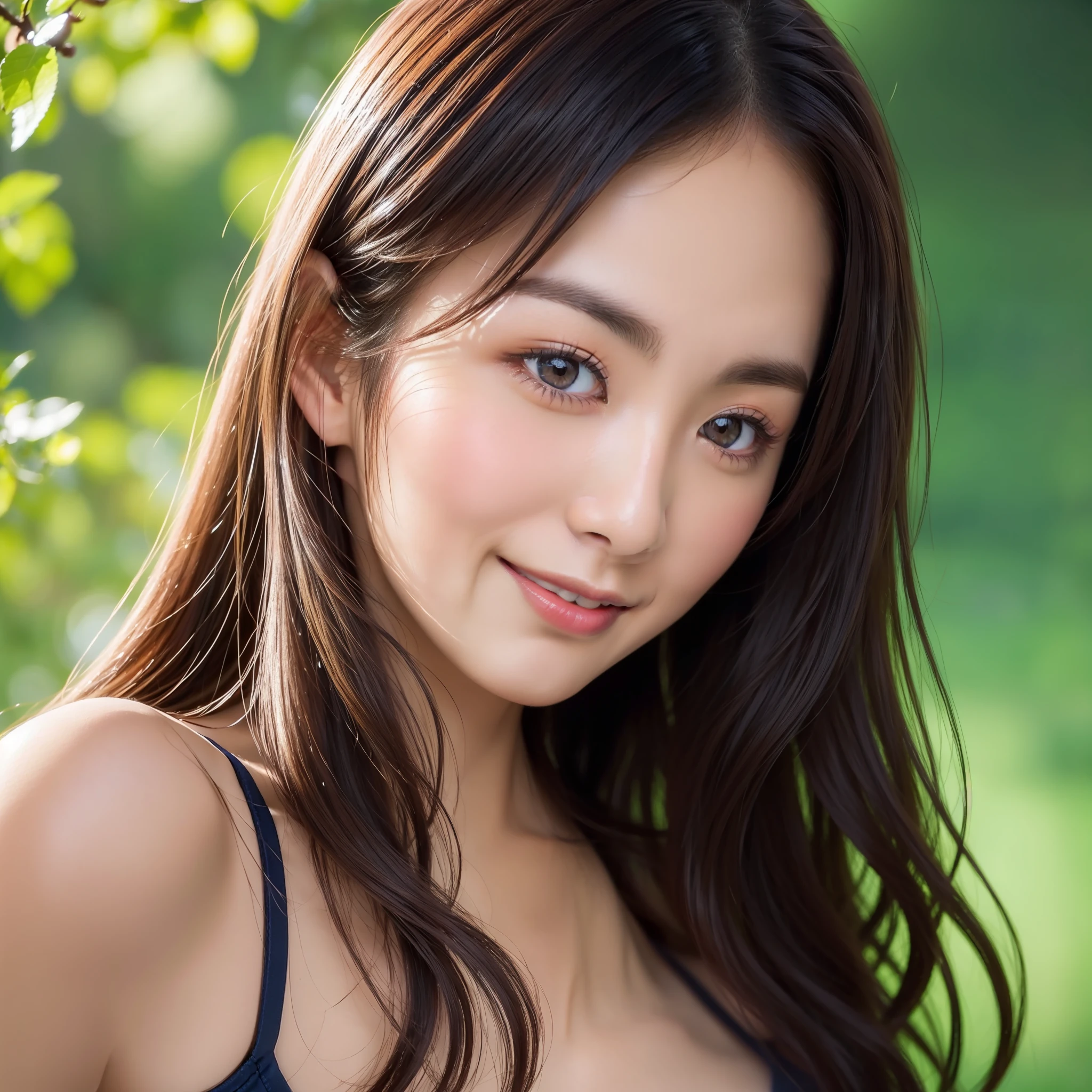 Beautiful Japan woman, nice perfect face with soft skin, small face with nose and rose-like lips, beautiful eyes, beautiful smile. Black, thin and long beautiful hair bathed in a bright etheric shine. Cowboy shot, navy short top with wide apple green pants, bright colorful background, photorealistic, masterpiece, top quality, super detail, HDR, 8K