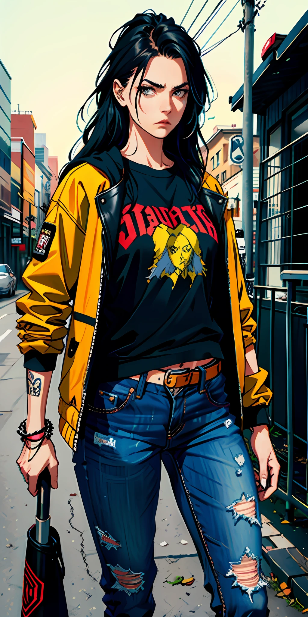 Woman, serious face, long punk hair, plaid jacket, jeans, holding baseball bat