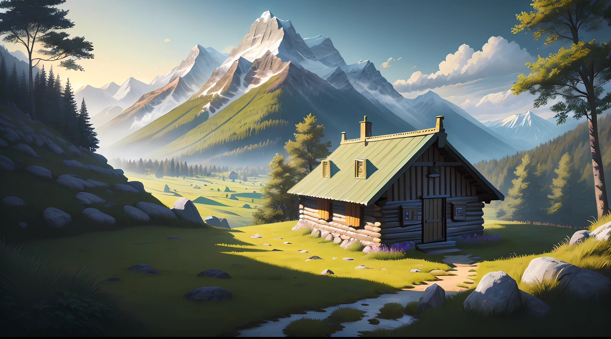masterpiece, very detailed, ultra realistic, detailed background, bright lighting, daylighting,
(wide grassland surrounded by forests), (mountain hut), (wide angle),