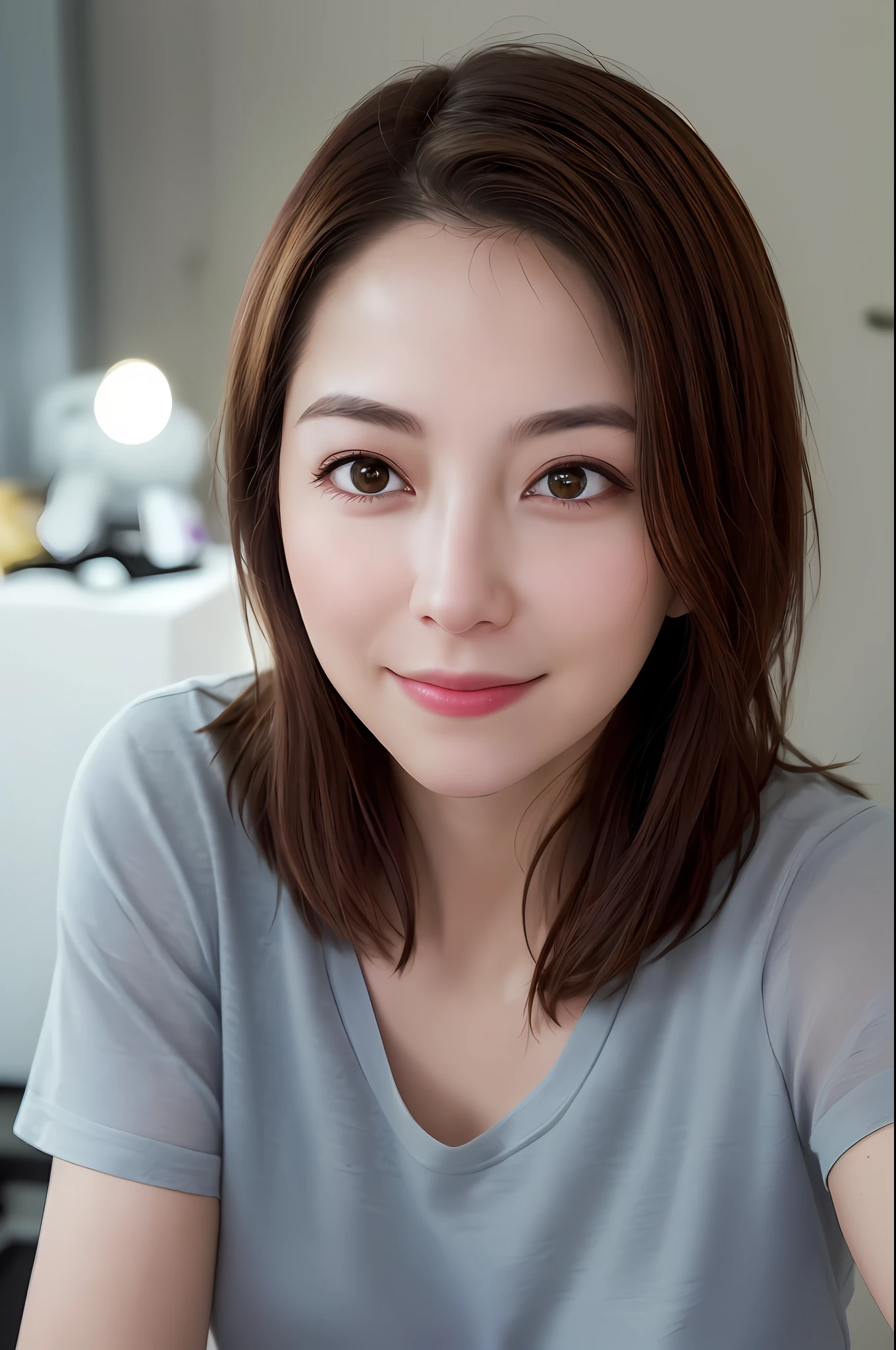dressed, (photorealistic: 1.4), (hyperrealistic: 1.4), (realistic: 1.3), (smooth lighting: 1.05), (cinematic lighting quality improvement: 0.9), 32K, 1 girl, 20 year old girl, realistic lighting, backlit, face lights, ray tracing, (whitening light: 1.2), (image quality improvement: 1.4), ( Best Image Quality Real Skin: 1.4), Fine Eyes, Fine Face, Fine Eyes, (Joy, Blush), (Tired, Sleepy and Satisfied: 0.0), Face Up, T-Shirt, (Body Line Mood Increase: 1.1), Mature Woman, Forty (Skin Texture Beauty Increase: 1.1)