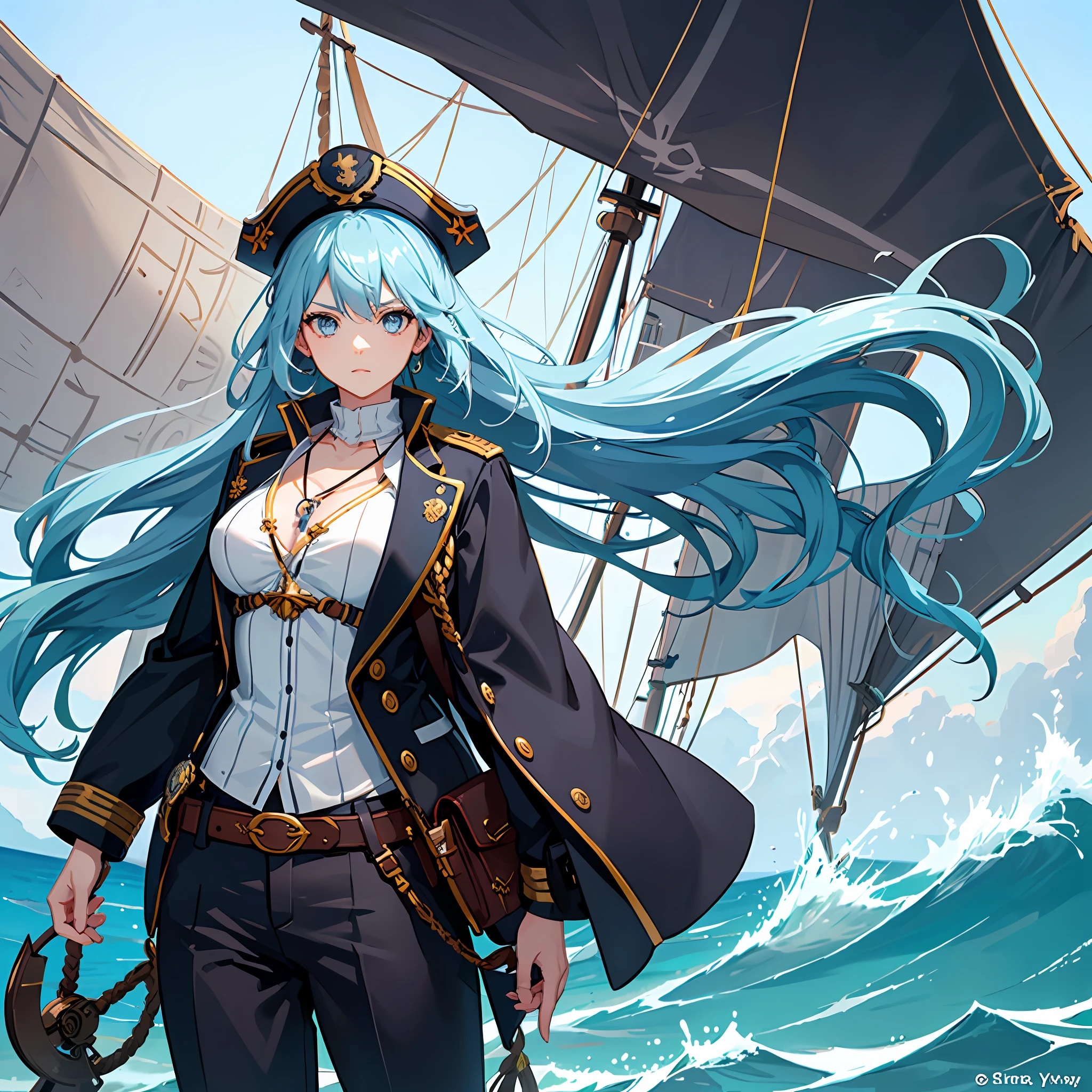Create a picture of an anime girl with long, wavy light blue hair. She has a tough and adventurous personality, as if she were a ship captain. The clothing she wears depicts the style of a sailing captain or pirate, with distinctive touches and striking details. Perhaps she wears a hat with feathers, a captain's jacket with collar and ropes, and comfortable yet stylish pants. Include accessories such as belt ropes, a necklace, or appropriate jewelry that fits the theme. Her facial expression can reflect bravery and determination. Give her a pose that showcases strength and leadership. Show the spirit of adventure and a free-spirited nature in the picture you create.