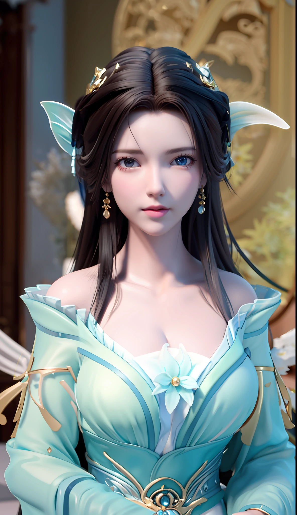 blurred background, highest quality, close-up of a woman's upper body, perfect face, perfect figure, seductive, charming, ultra hd, textured skin, super detail, 8k, super fine,, super big tits, divine milk,, 3dcg, 3d render character 8k, cg fantasy, CGstation, anime, surrealism, semi-nude,, nude,nude,royal sister,milf