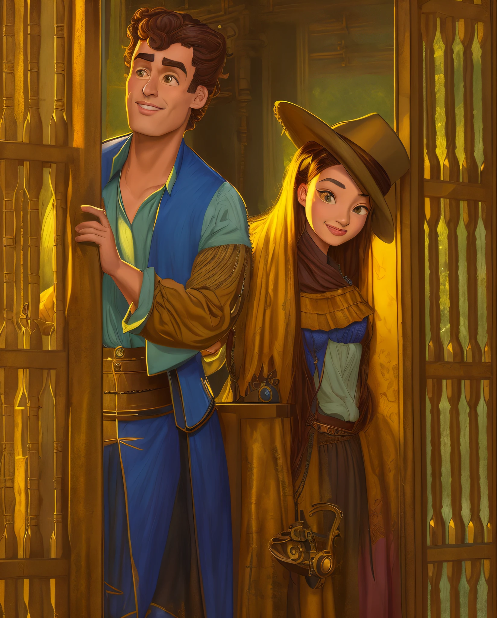 arafed image of a man and a woman standing behind a gate, art in the style of disney, disney art style, rob rey and kentarõ miura style, in style of disney animation, disney concept art, disney steampunk, disney character style, ‘raya and the last dragon’ etc, published art, inspired by Francesco Hayez