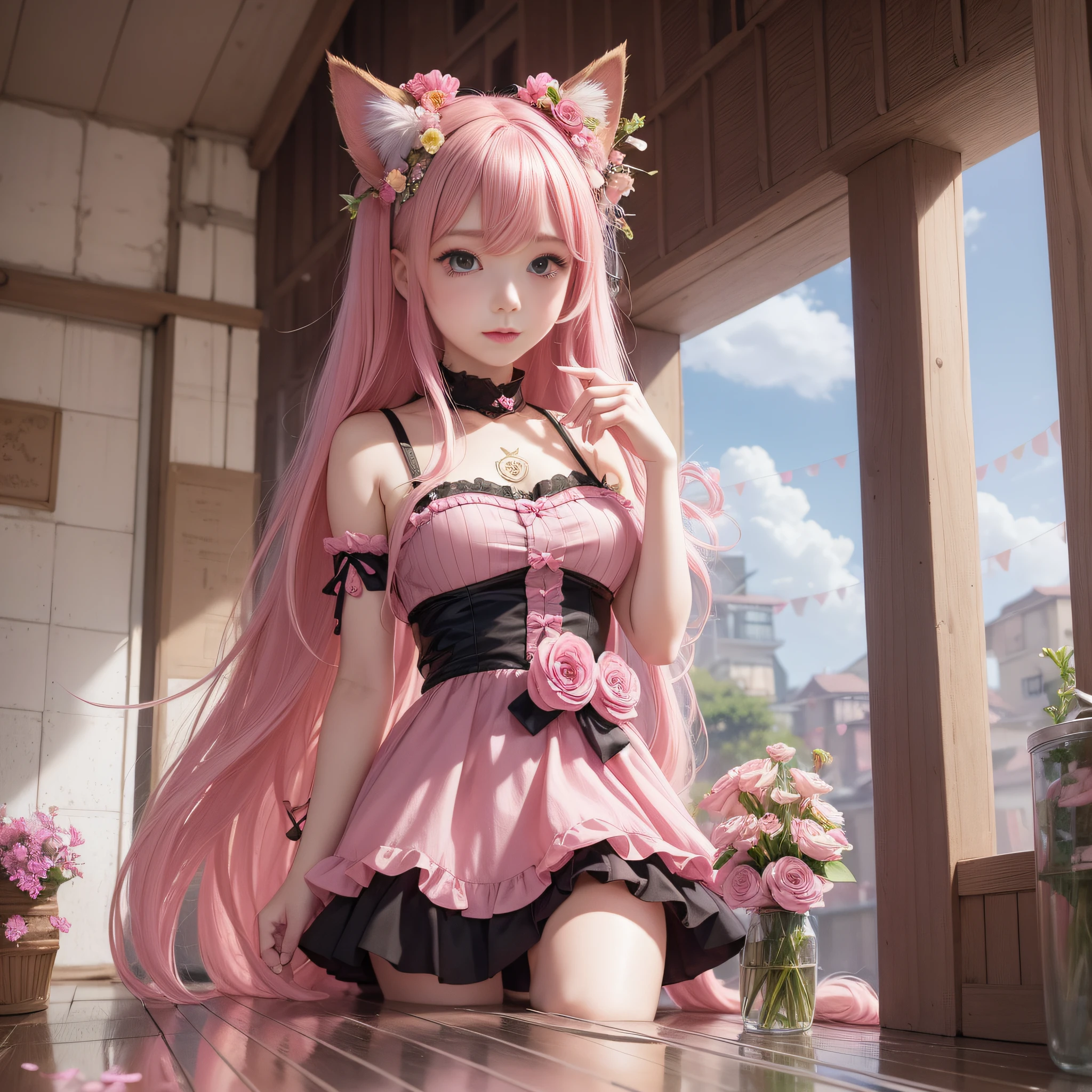 anime girl with pink hair and a pink dress with a flower in her hair, very beautiful anime cat girl, beautiful anime catgirl, beautiful fantasy anime, guweiz, anime girl with cat ears, beautiful anime girl, very beautiful cute catgirl, anime style 4 k, anime fantasy artwork, 4k anime wallpaper, artwork in the style of guweiz