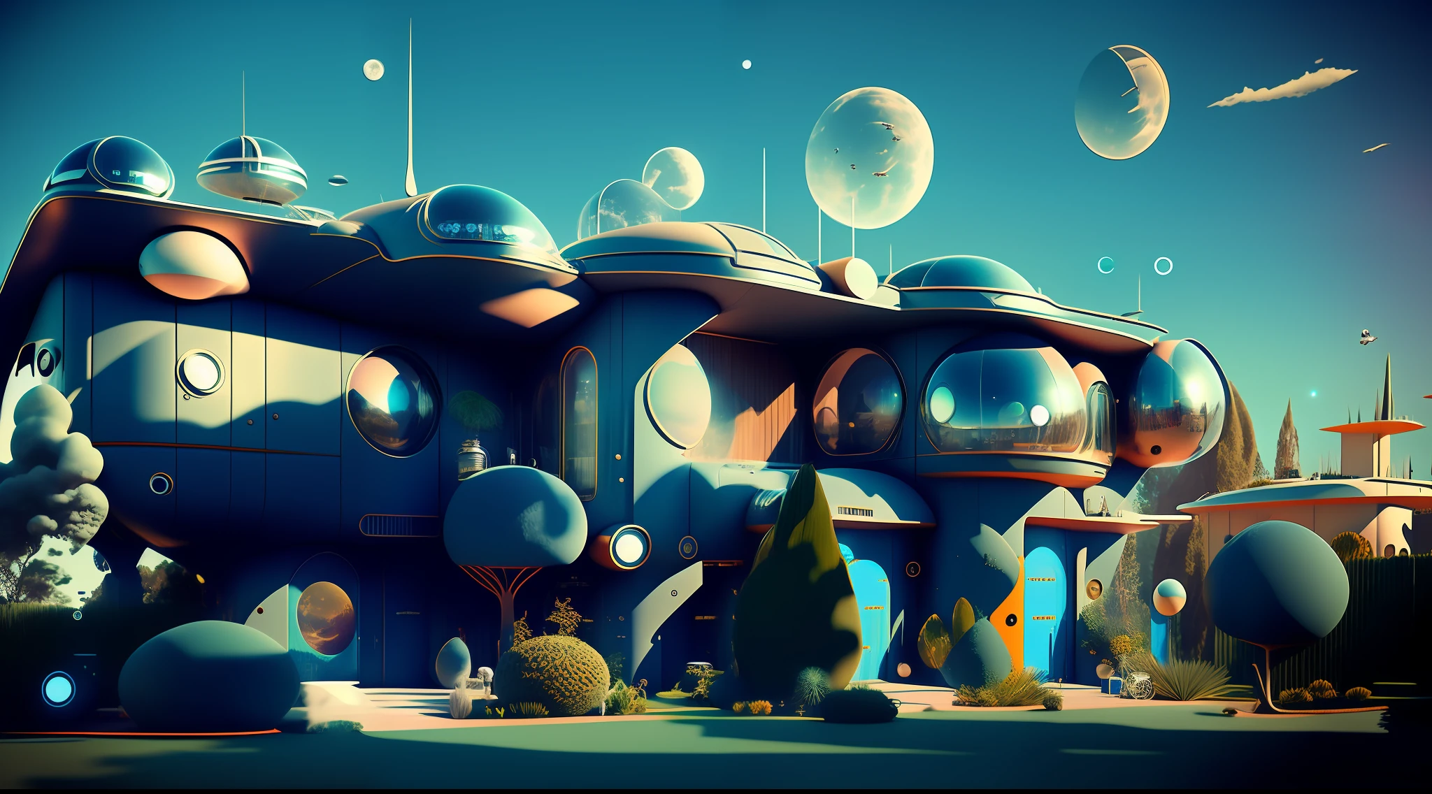 an extremely complex futuristic and advanced steampunk house, a flying vehicle in the garage, sci fi, lots of technology on the walls of the house, Airlock, decoration technology, (Siliconpunk:1) normal small houses next door, blue lawn, 2 sun in the sky, 2 moon in the sky, 200mm lens, high quality, high definition, uhd,