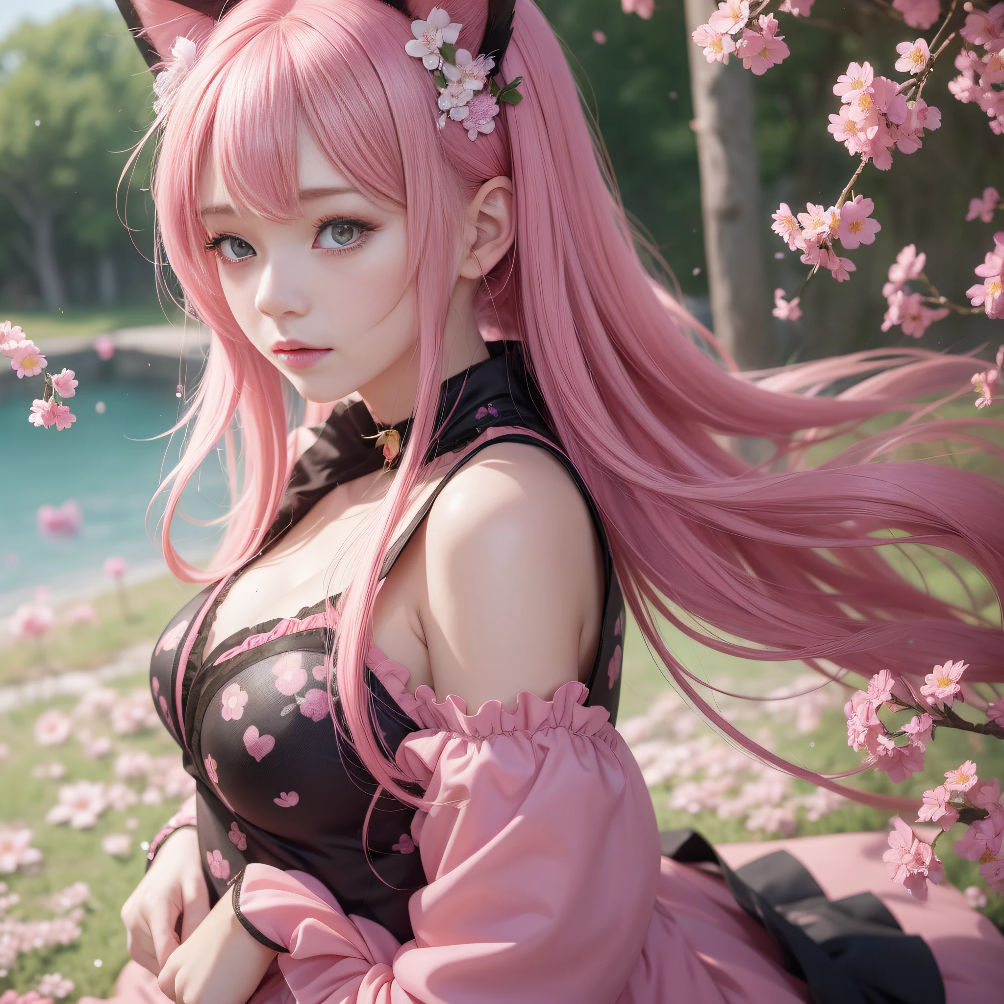 Anime girl with pink hair and pink dress with flowers on her hair, very beautiful anime cat girl, beautiful anime cat woman, beautiful fantasy anime, guweiz, anime girl with cat ears, beautiful anime girl, very pretty and cute cat woman, hazy peach blossom rain, anime style 4 K, anime fantasy artwork, 4k anime wallpaper, guvez style artwork