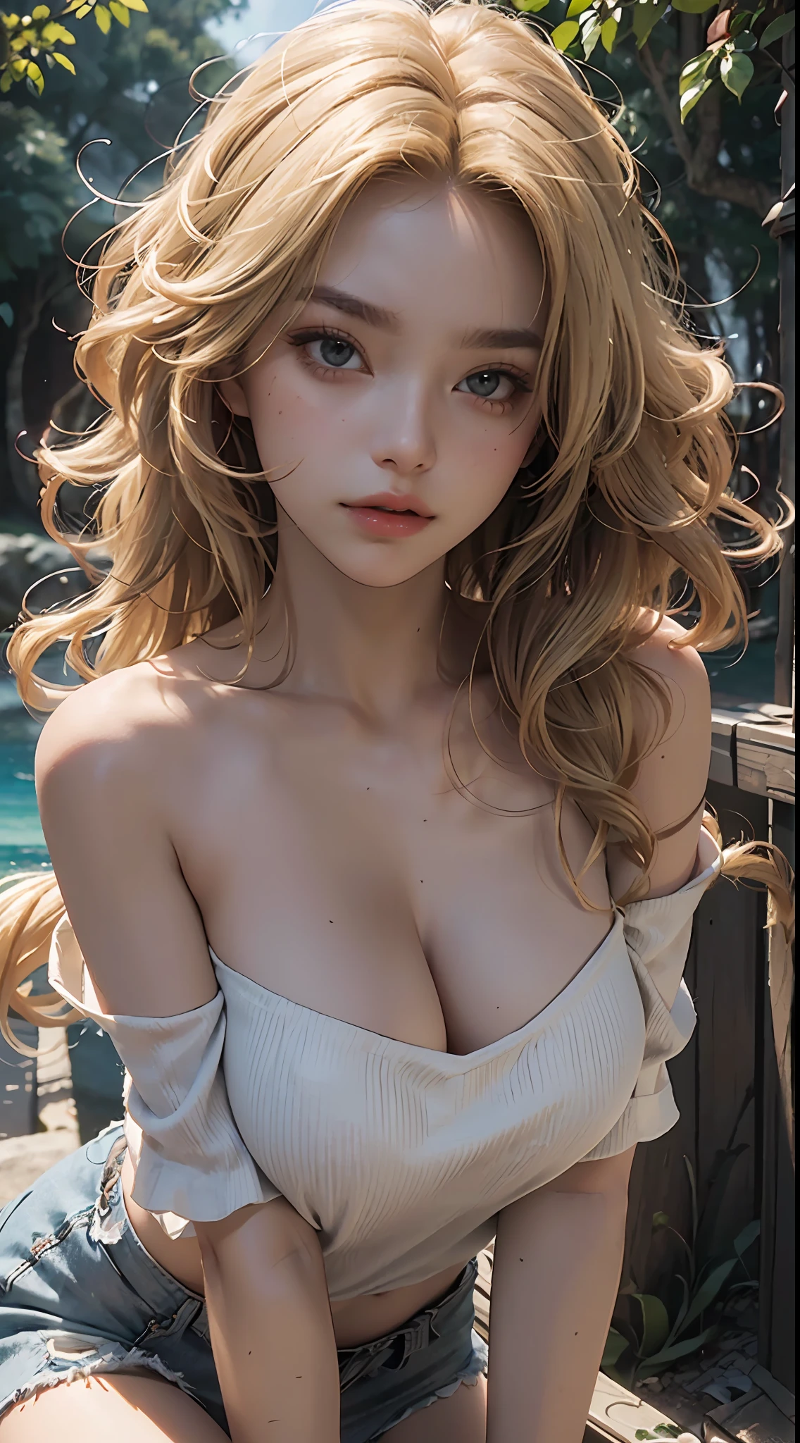 Best quality, masterpiece, ultra high resolution, (photorealistic: 1.4), sexy photo, 1girl curly blonde hair, sexy mouth,big breasts ape by neckline, open outfit with neckline, off shoulder, cinematic lighting,(Best quality, 8k, 32k, masterpiece, UHD: 1.2), photo of beautiful american woman, long matted blonde hair, beauty face, (leaning forward: 1.3), squat, (from top: 1.2), (close up: 1.4), POV, loose t-shirt, large breasts, (beautiful nipple slip: 0.9), outdoors, windy, shiny skin, blurry background,