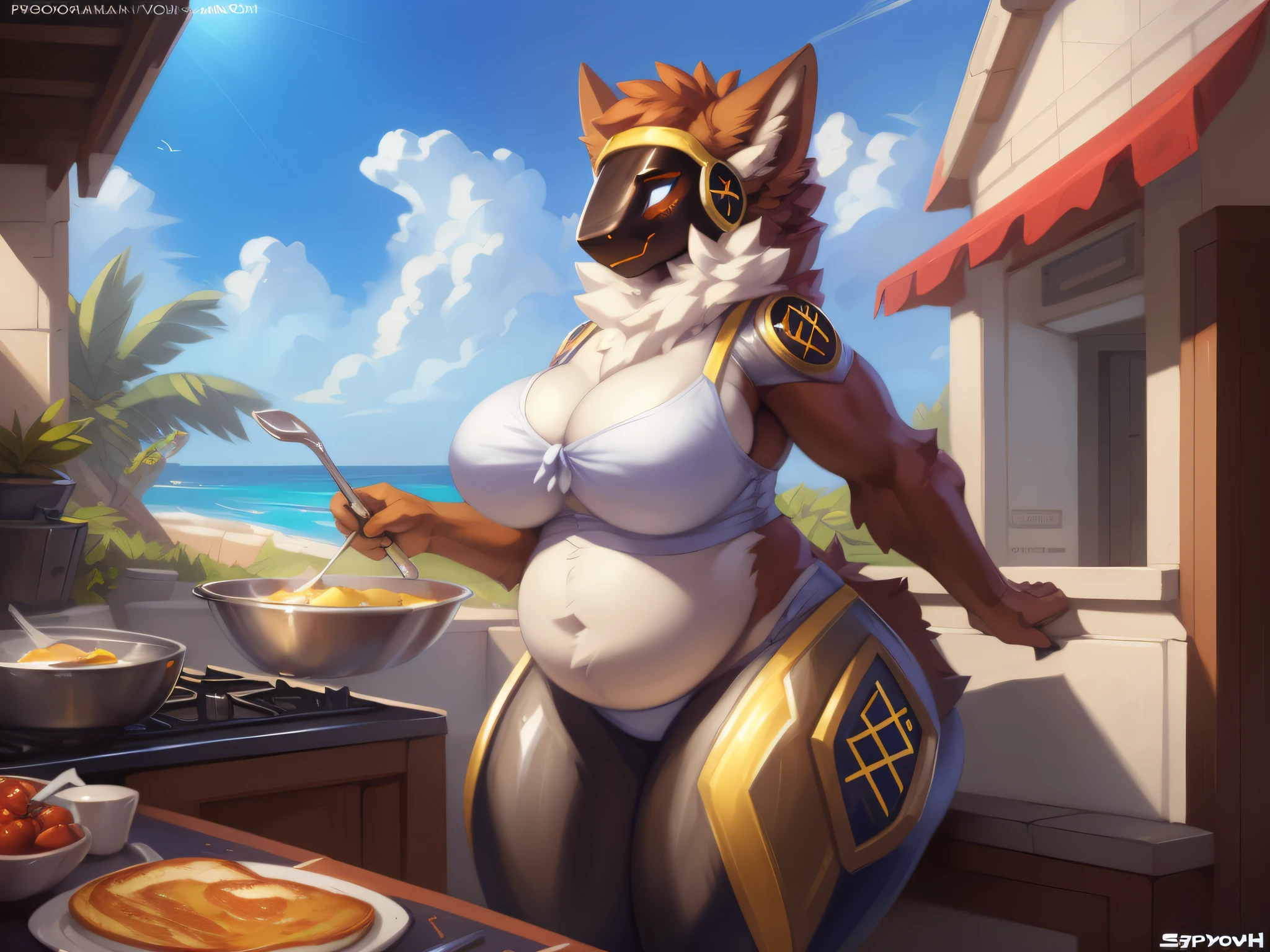(masterpiece), (best quality), (cinematic lighting), by Pino Daeni, (by Foxovh), (by spazman), (by tamfox), by dizzyknight, by cumbread, by sligarthetiger, explict content, mature content, uploaded on e621, (extremely detailed:1.3), female protogen, solo, (furry body), (mature female:1.5), wide hips, (slightly chubby:1.2), (motherly), (big thighs), (big butt), (big breasts), daytime, cooking breakfast, smile,