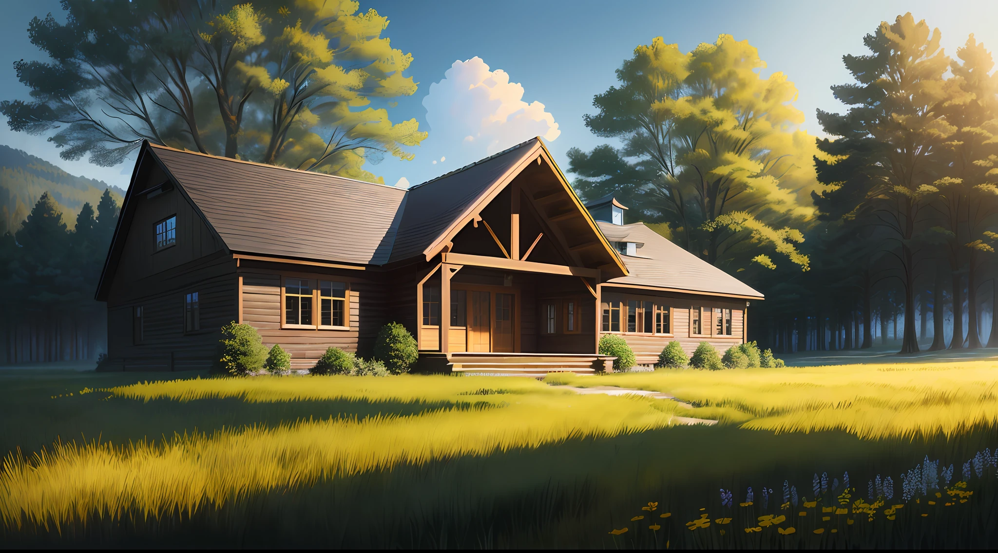 masterpiece, very detailed, ultra realistic, detailed background, bright lighting, daylighting,
(wide meadow surrounded by forest), (wooden school building), (wide angle),