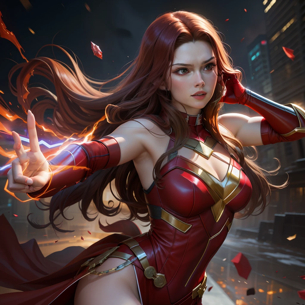 Solo, masterpiece, best quality, Scarlet Witch's half-body, fighting stance, dynamic angle.