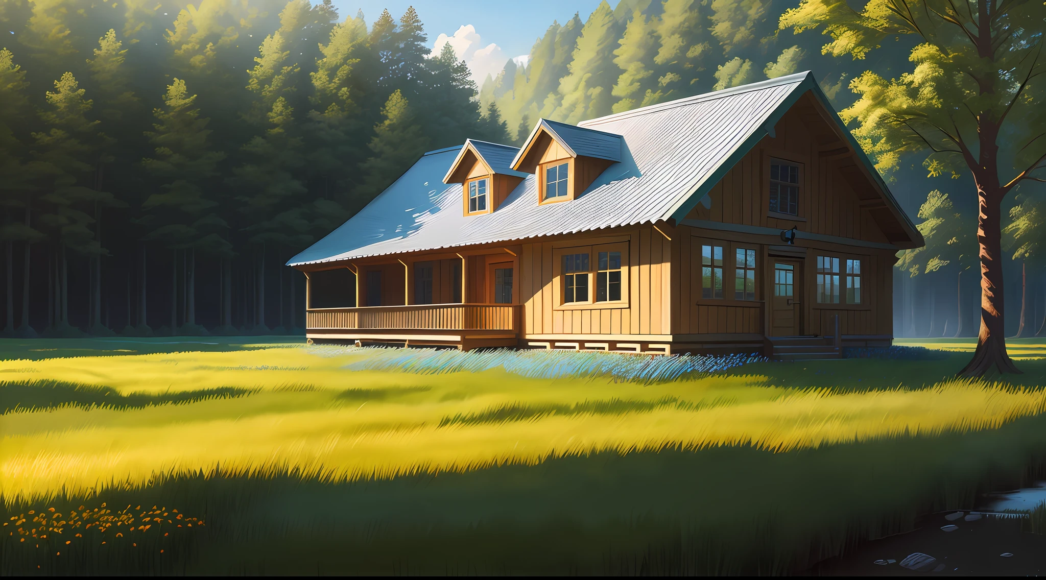masterpiece, very detailed, ultra realistic, detailed background, bright lighting, daylighting,
(wide meadow surrounded by forest), (wooden school building), (wide angle),