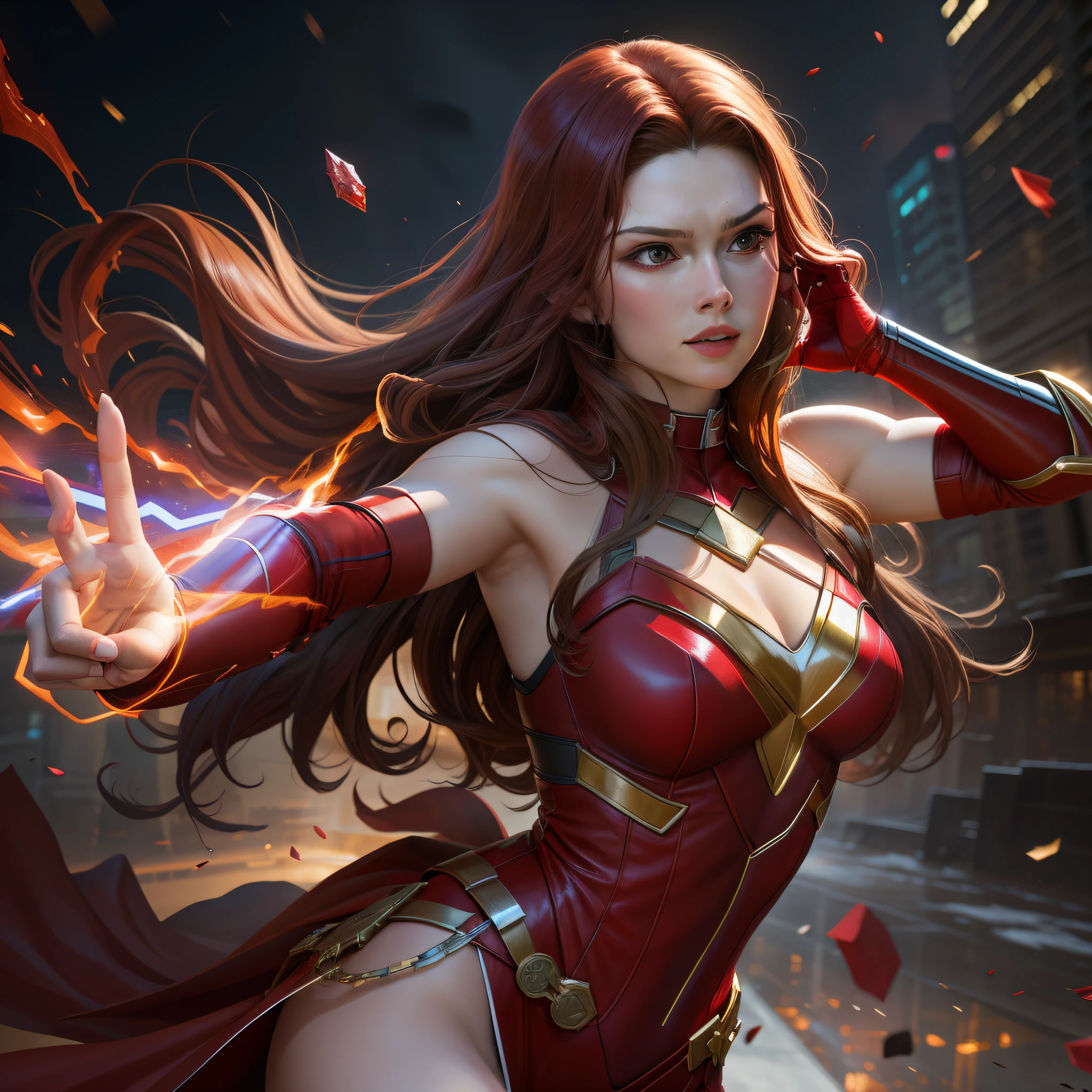 Solo, masterpiece, best quality, Scarlet Witch's half-body, fighting stance, dynamic angle.